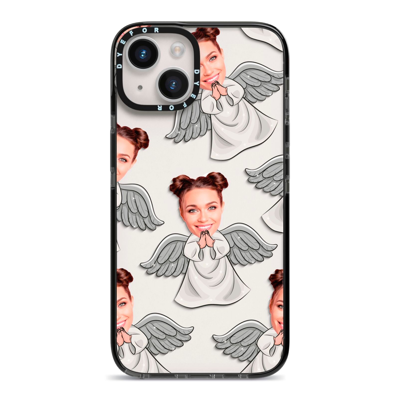 Angel Photo Face iPhone 14 Black Impact Case on Silver phone