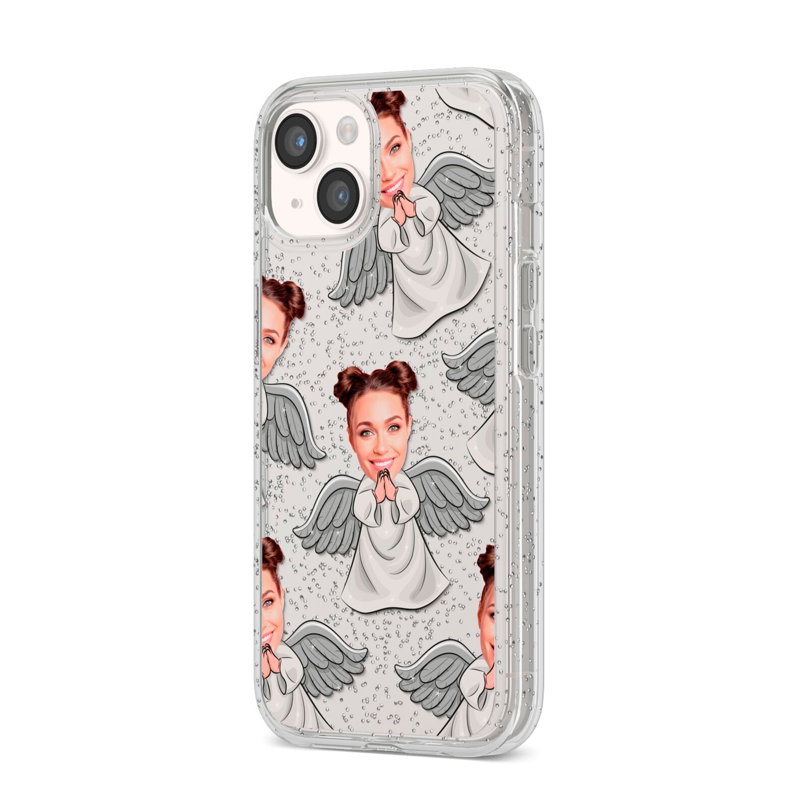 Angel Photo Face iPhone 14 Glitter Tough Case Starlight Angled Image