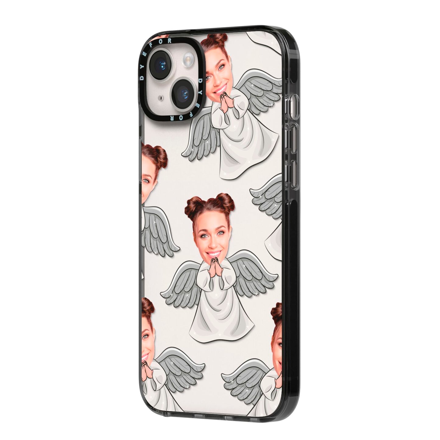 Angel Photo Face iPhone 14 Plus Black Impact Case Side Angle on Silver phone