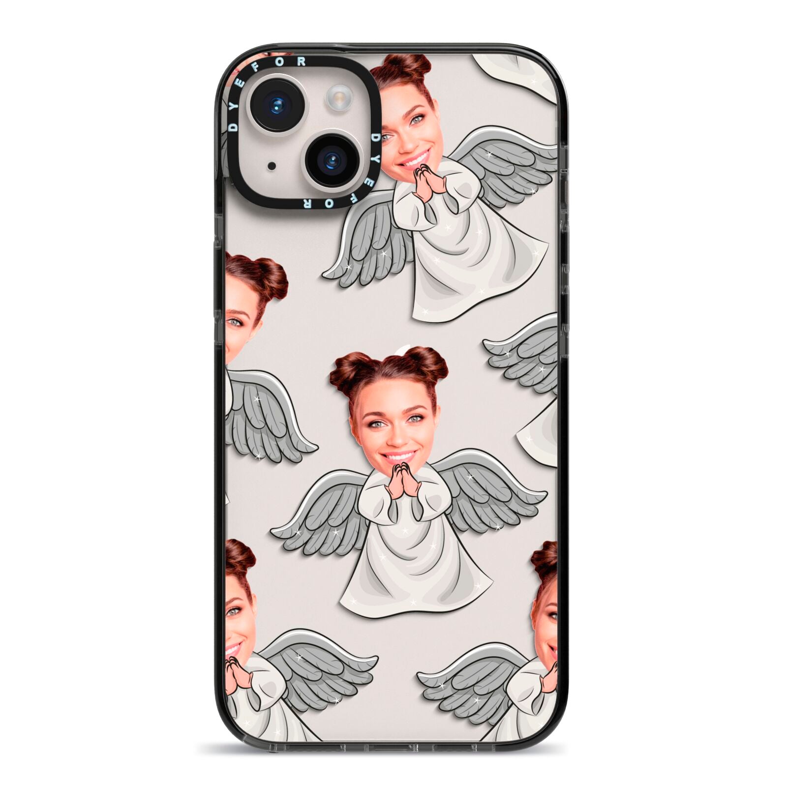 Angel Photo Face iPhone 14 Plus Black Impact Case on Silver phone