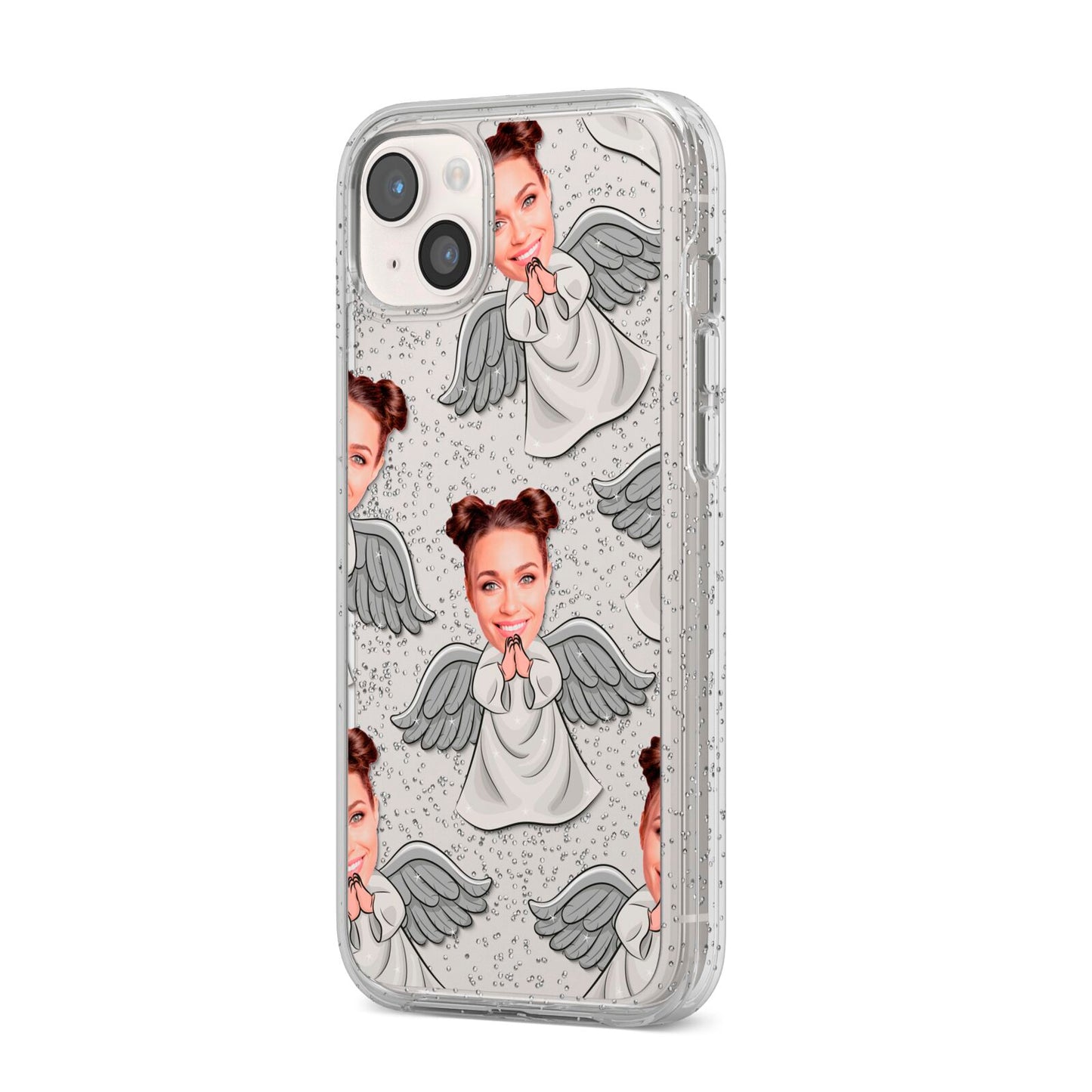 Angel Photo Face iPhone 14 Plus Glitter Tough Case Starlight Angled Image