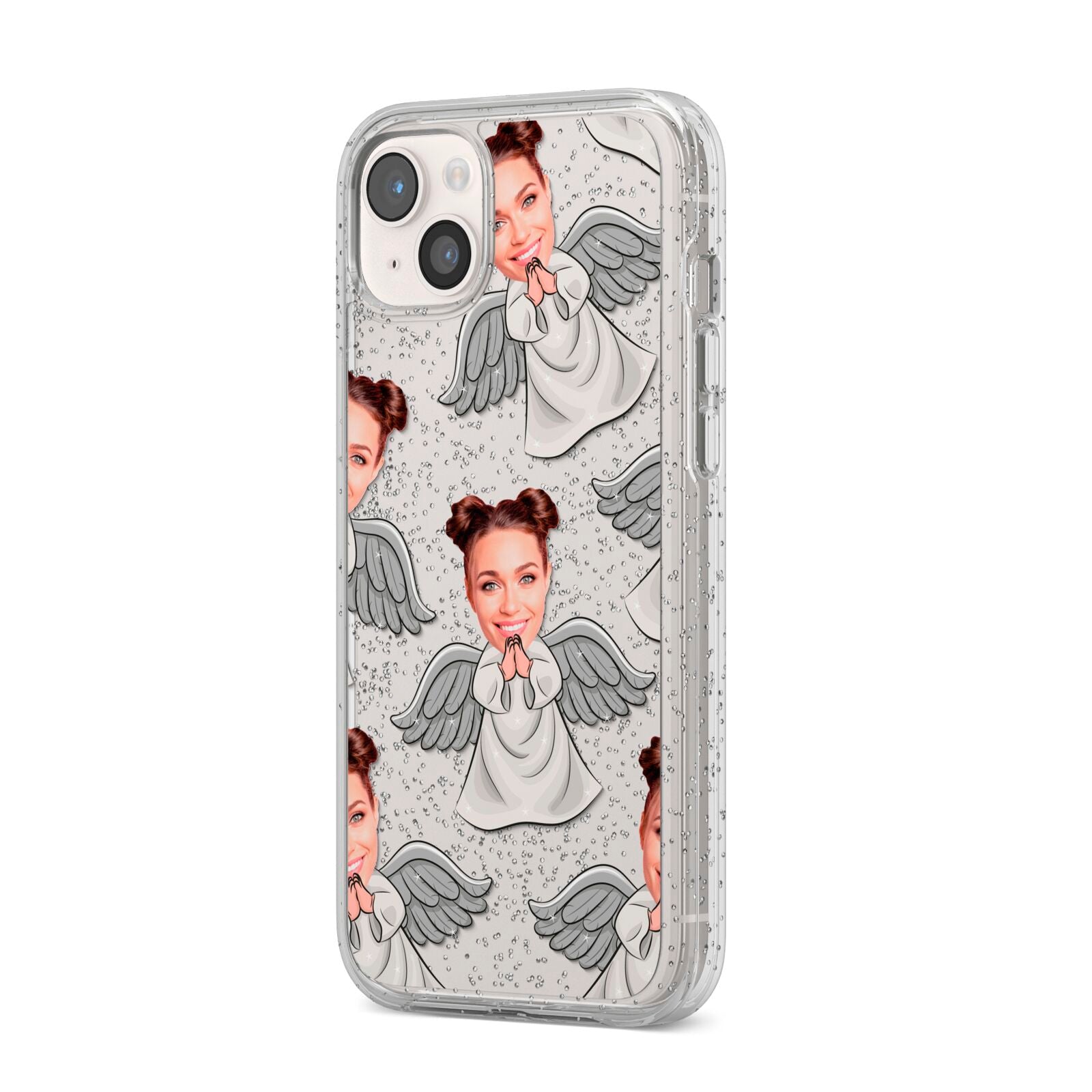 Angel Photo Face iPhone 14 Plus Glitter Tough Case Starlight Angled Image