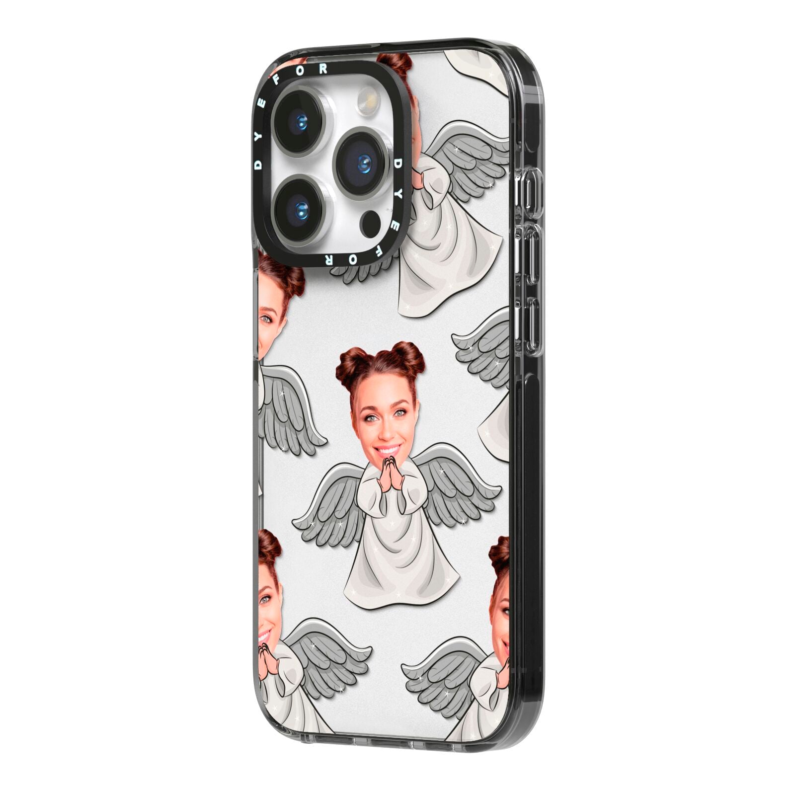 Angel Photo Face iPhone 14 Pro Black Impact Case Side Angle on Silver phone