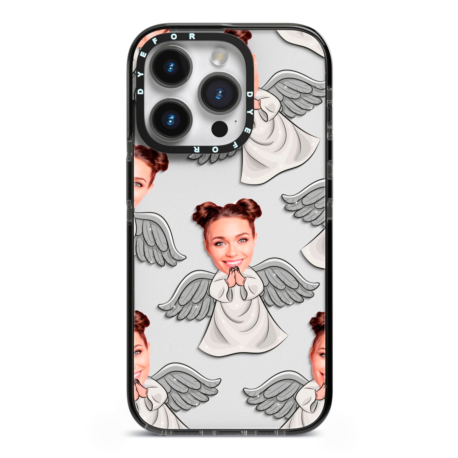 Angel Photo Face iPhone 14 Pro Black Impact Case on Silver phone