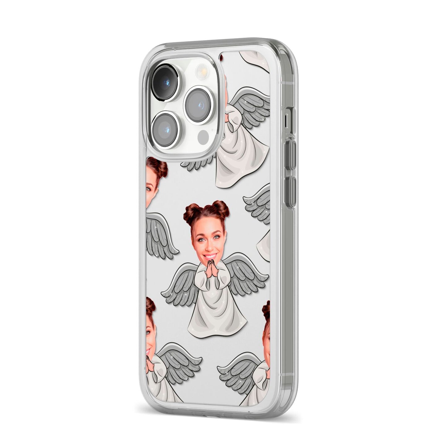 Angel Photo Face iPhone 14 Pro Clear Tough Case Silver Angled Image
