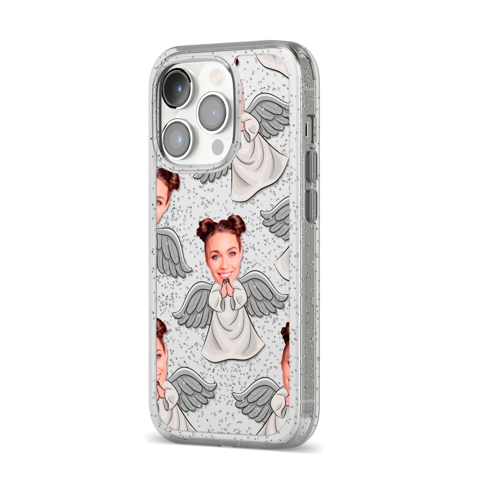 Angel Photo Face iPhone 14 Pro Glitter Tough Case Silver Angled Image