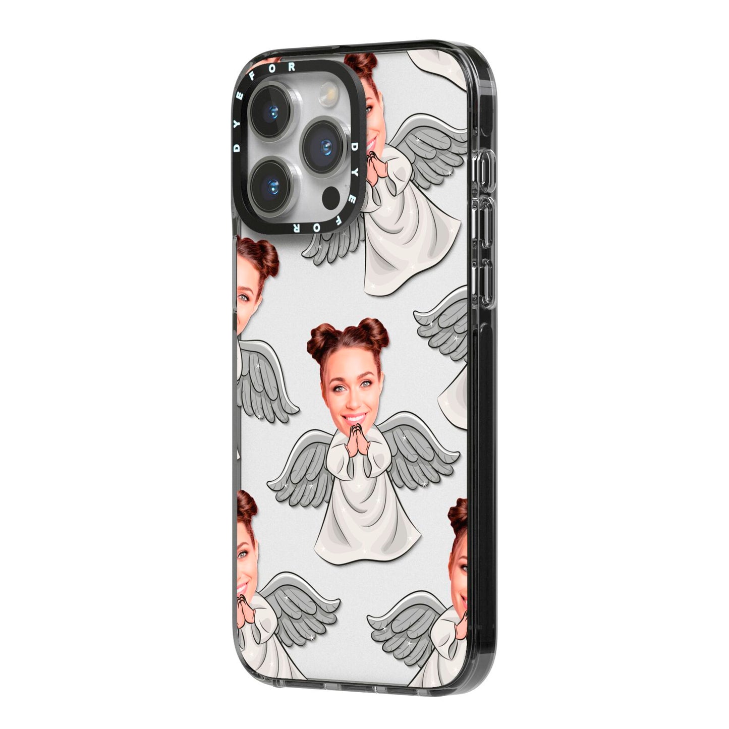 Angel Photo Face iPhone 14 Pro Max Black Impact Case Side Angle on Silver phone