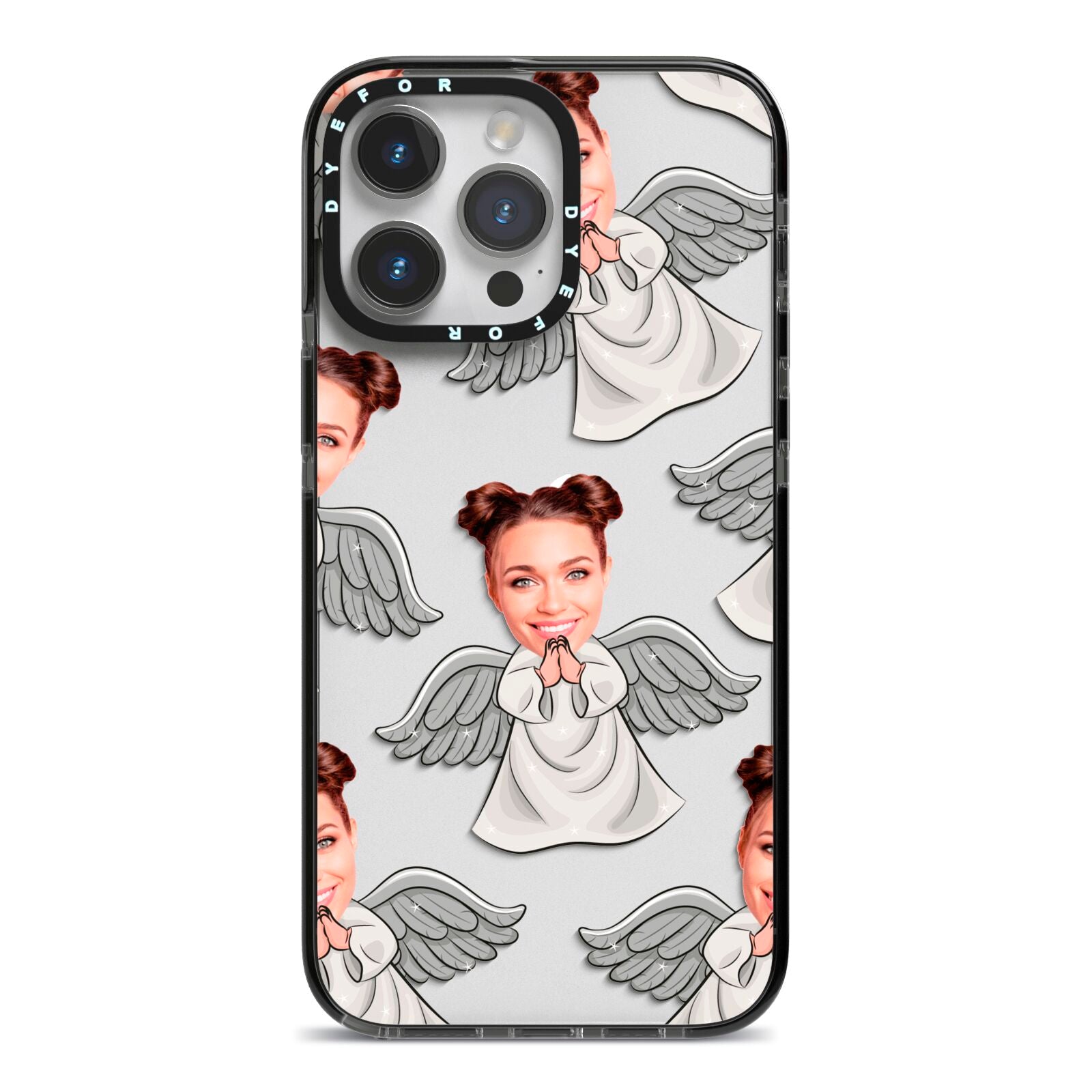 Angel Photo Face iPhone 14 Pro Max Black Impact Case on Silver phone