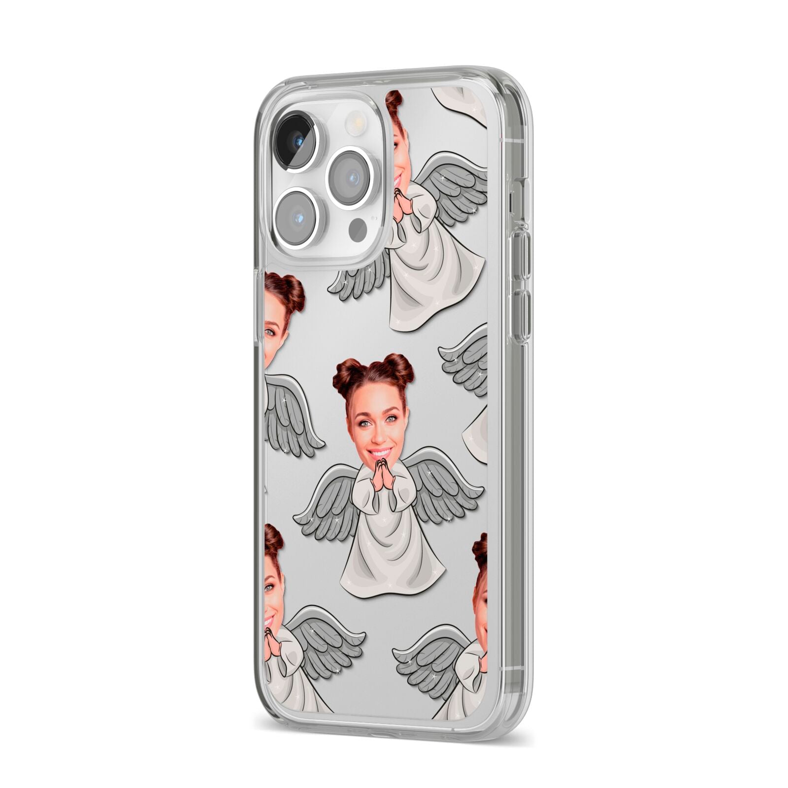 Angel Photo Face iPhone 14 Pro Max Clear Tough Case Silver Angled Image