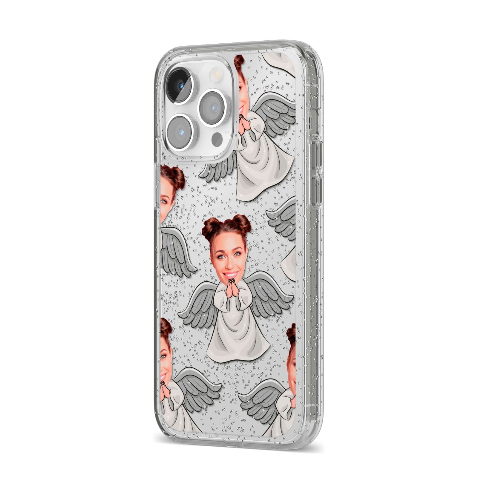 Angel Photo Face iPhone 14 Pro Max Glitter Tough Case Silver Angled Image