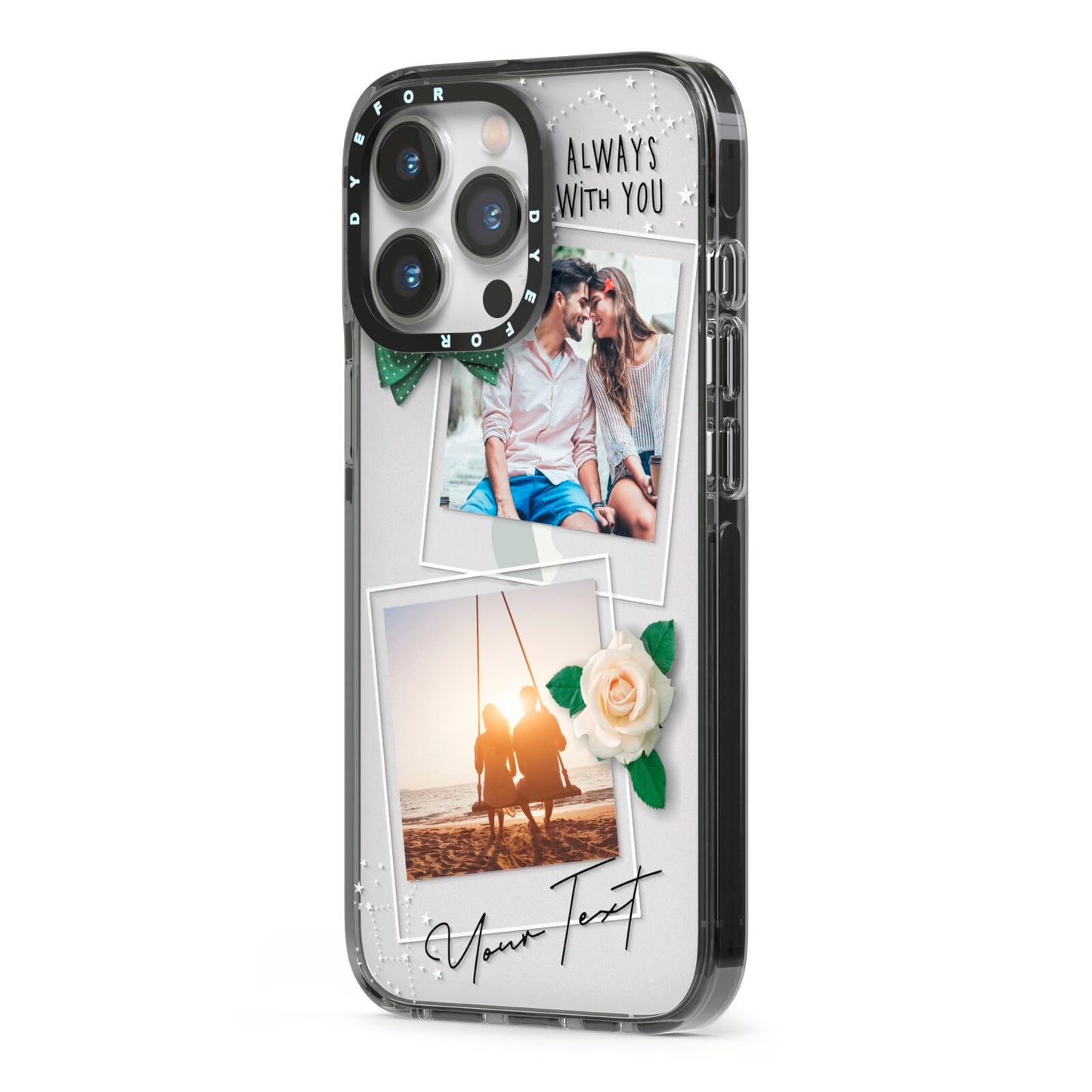 Astrology Photo Montage Upload with Text iPhone 13 Pro Black Impact Case Side Angle on Silver phone