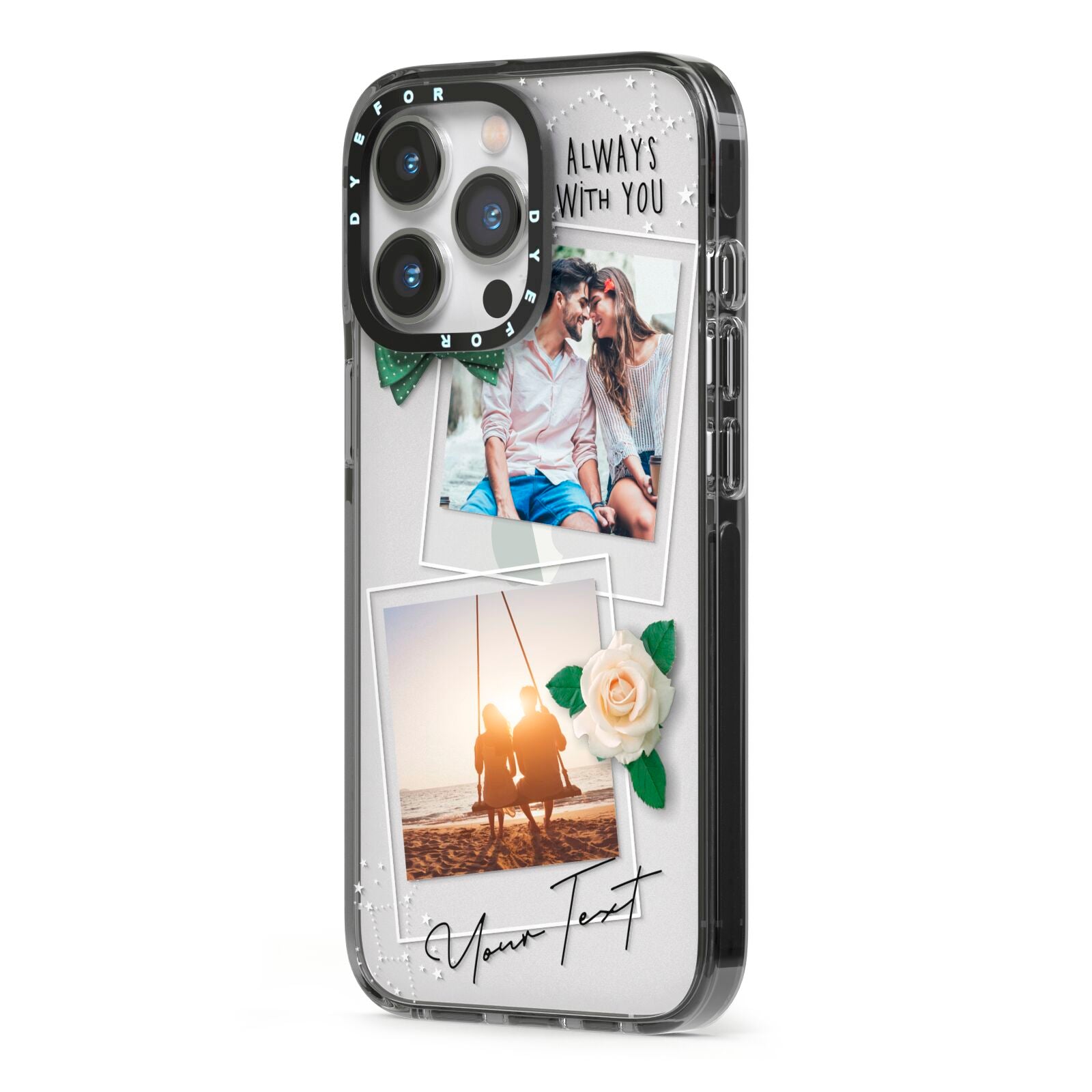 Astrology Photo Montage Upload with Text iPhone 13 Pro Black Impact Case Side Angle on Silver phone