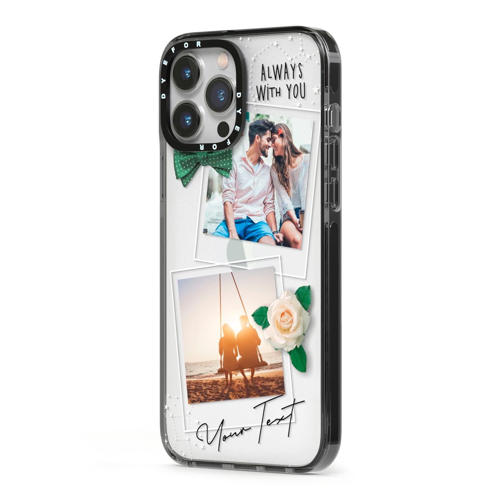 Astrology Photo Montage Upload with Text iPhone 13 Pro Max Black Impact Case Side Angle on Silver phone
