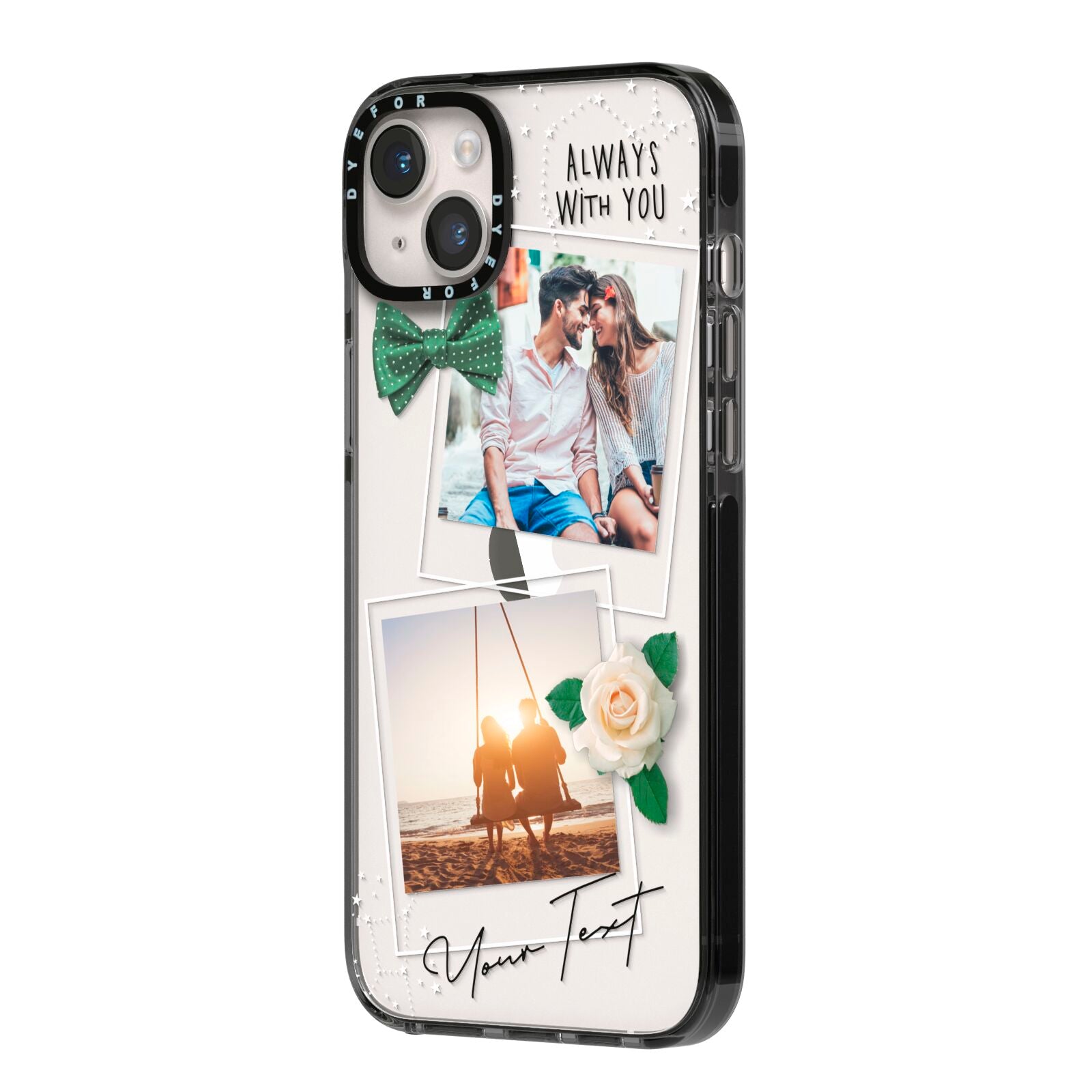 Astrology Photo Montage Upload with Text iPhone 14 Plus Black Impact Case Side Angle on Silver phone