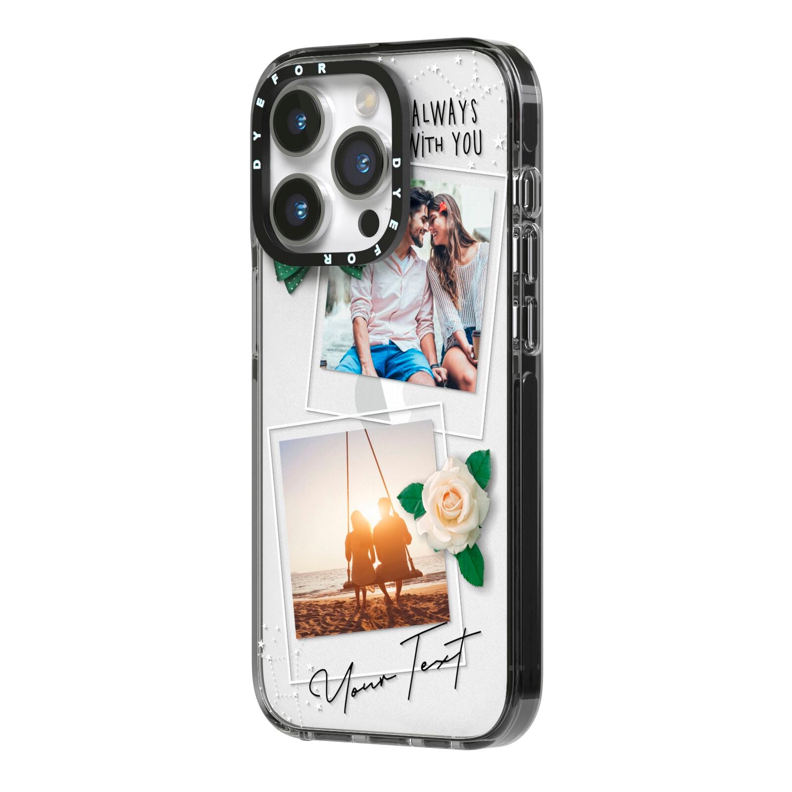 Astrology Photo Montage Upload with Text iPhone 14 Pro Black Impact Case Side Angle on Silver phone
