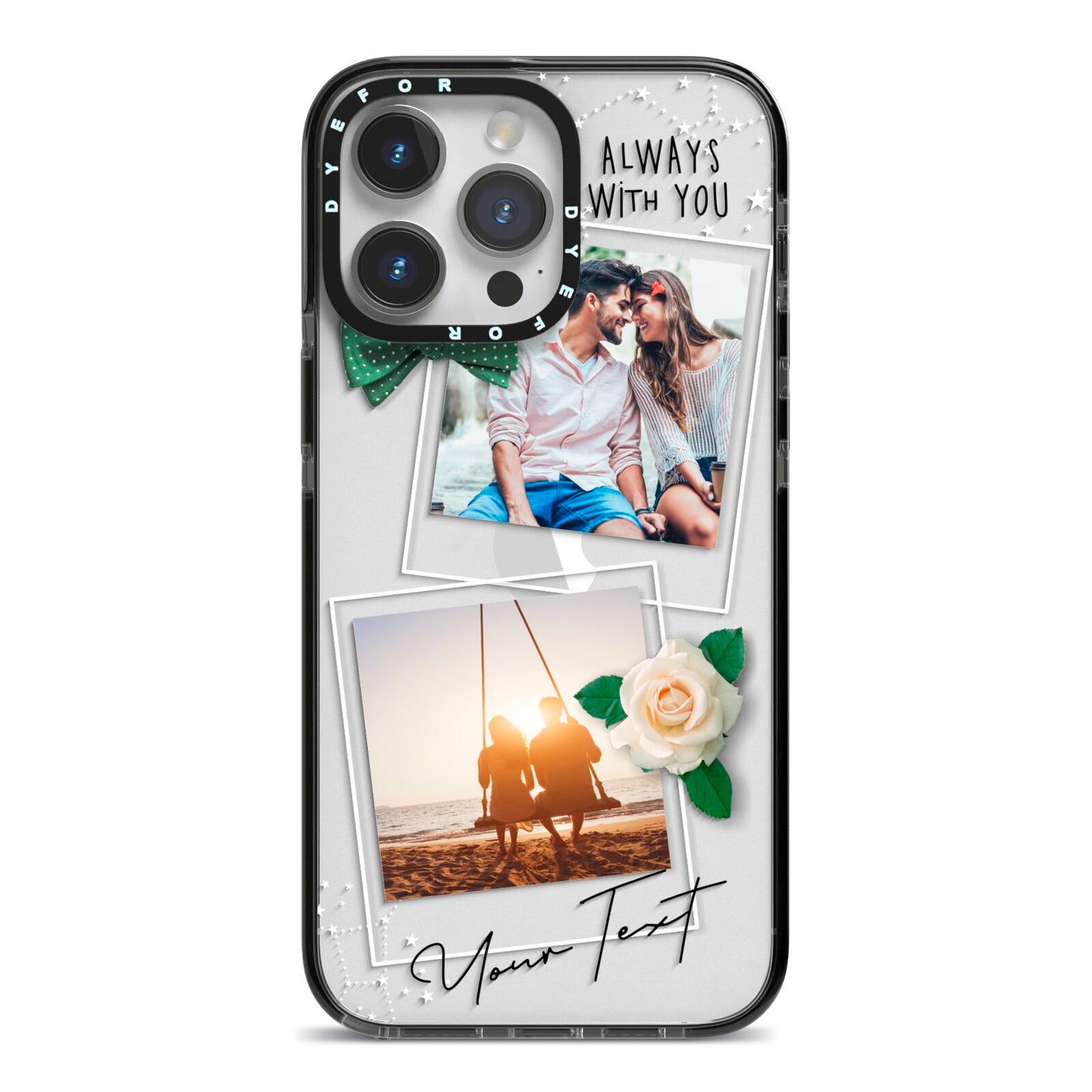 Astrology Photo Montage Upload with Text iPhone 14 Pro Max Black Impact Case on Silver phone