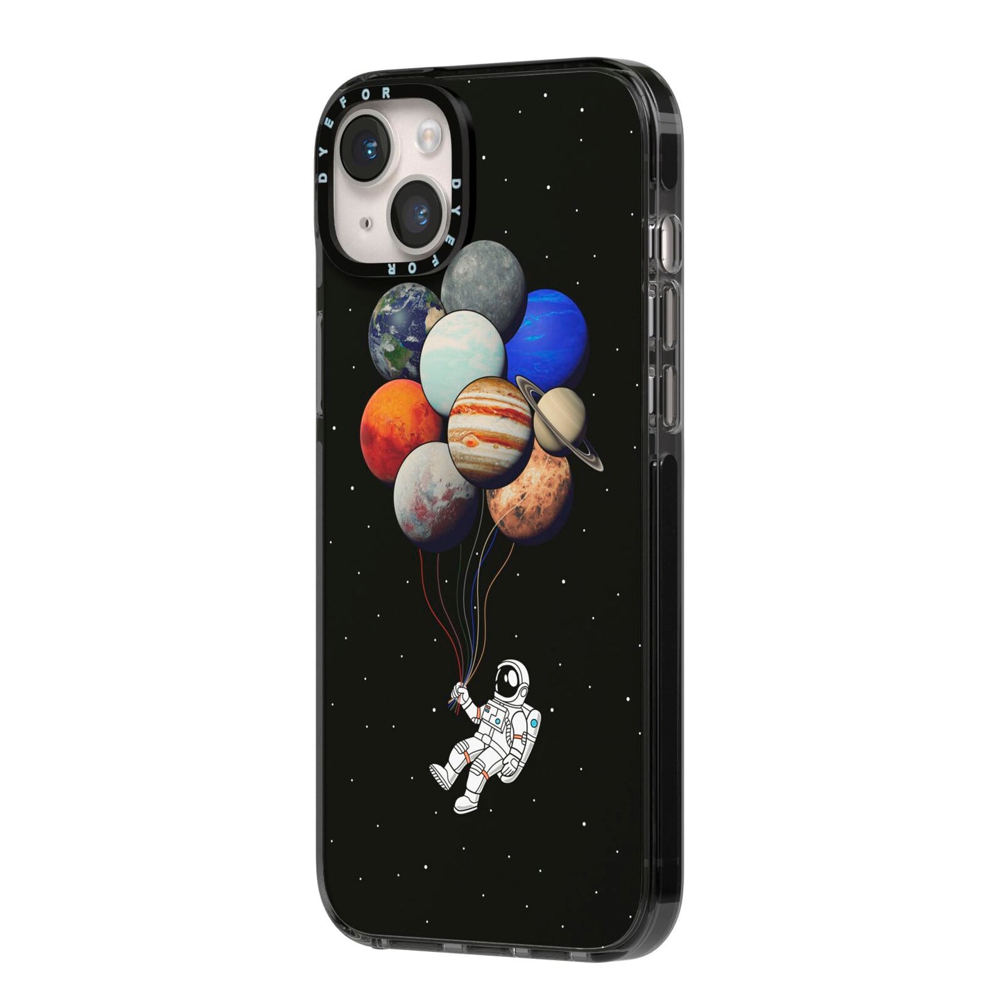 Astronaut Planet Balloons iPhone 14 Plus Black Impact Case Side Angle on Silver phone