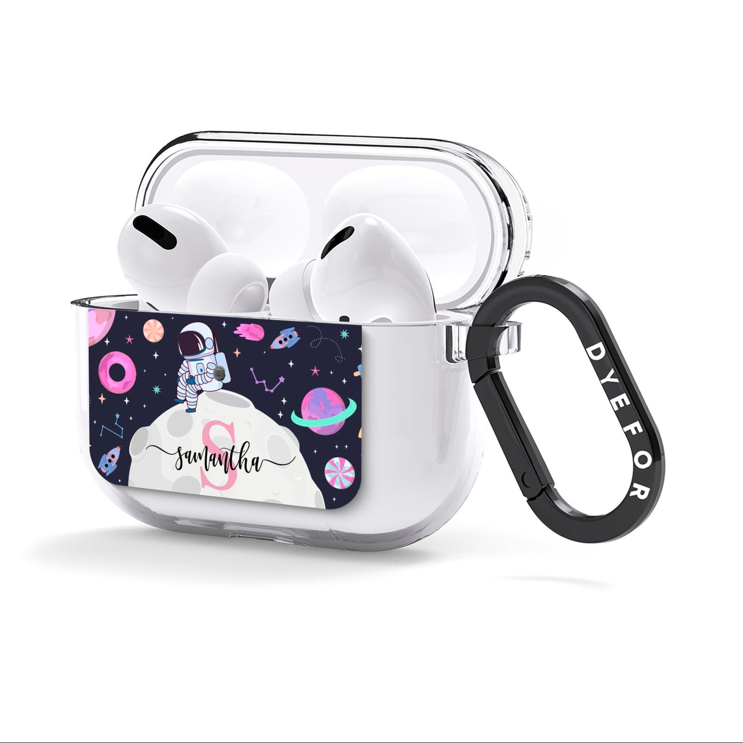 Astronaut in Candy Space with Name AirPods Clear Case 3rd Gen Side Image