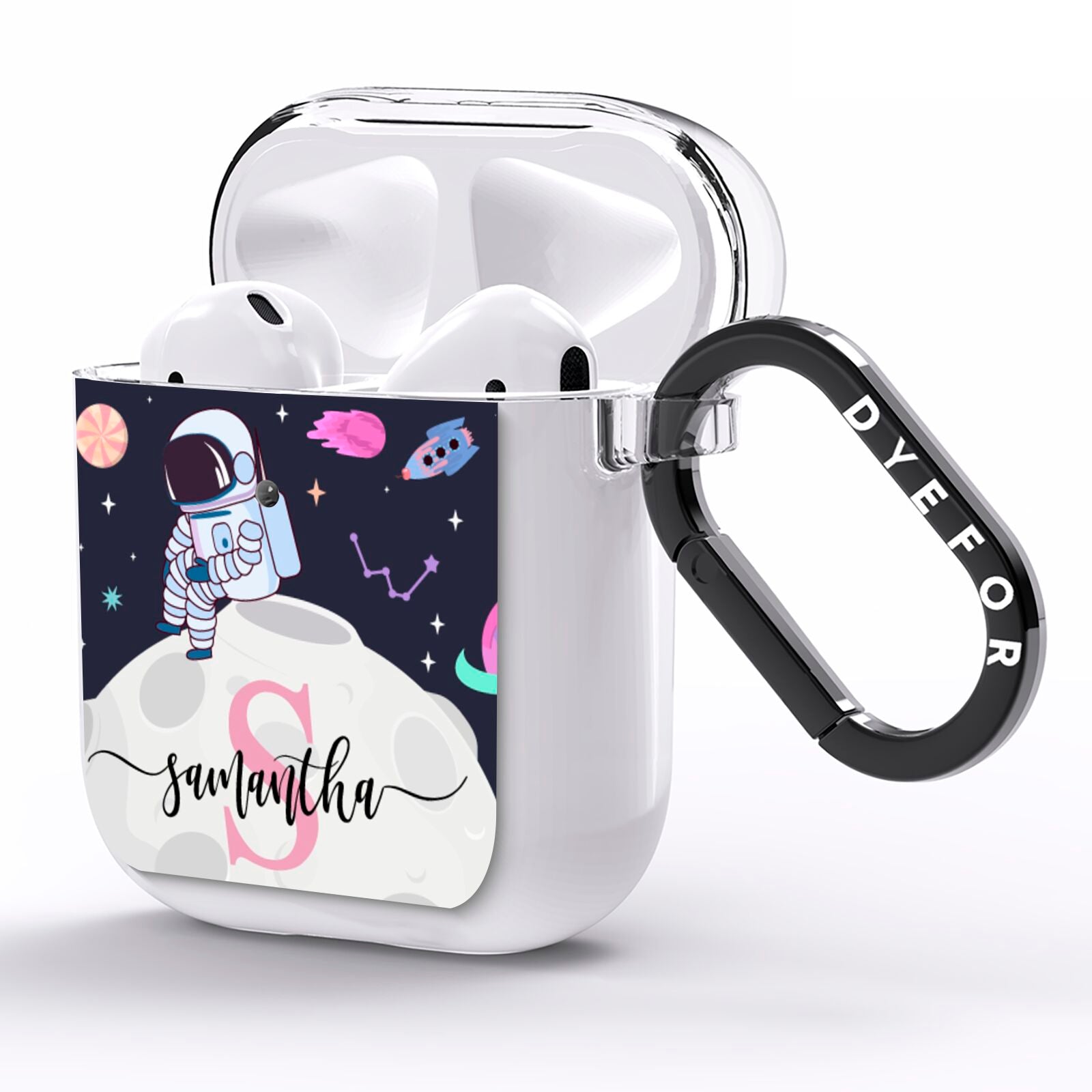 Astronaut in Candy Space with Name AirPods Clear Case Side Image