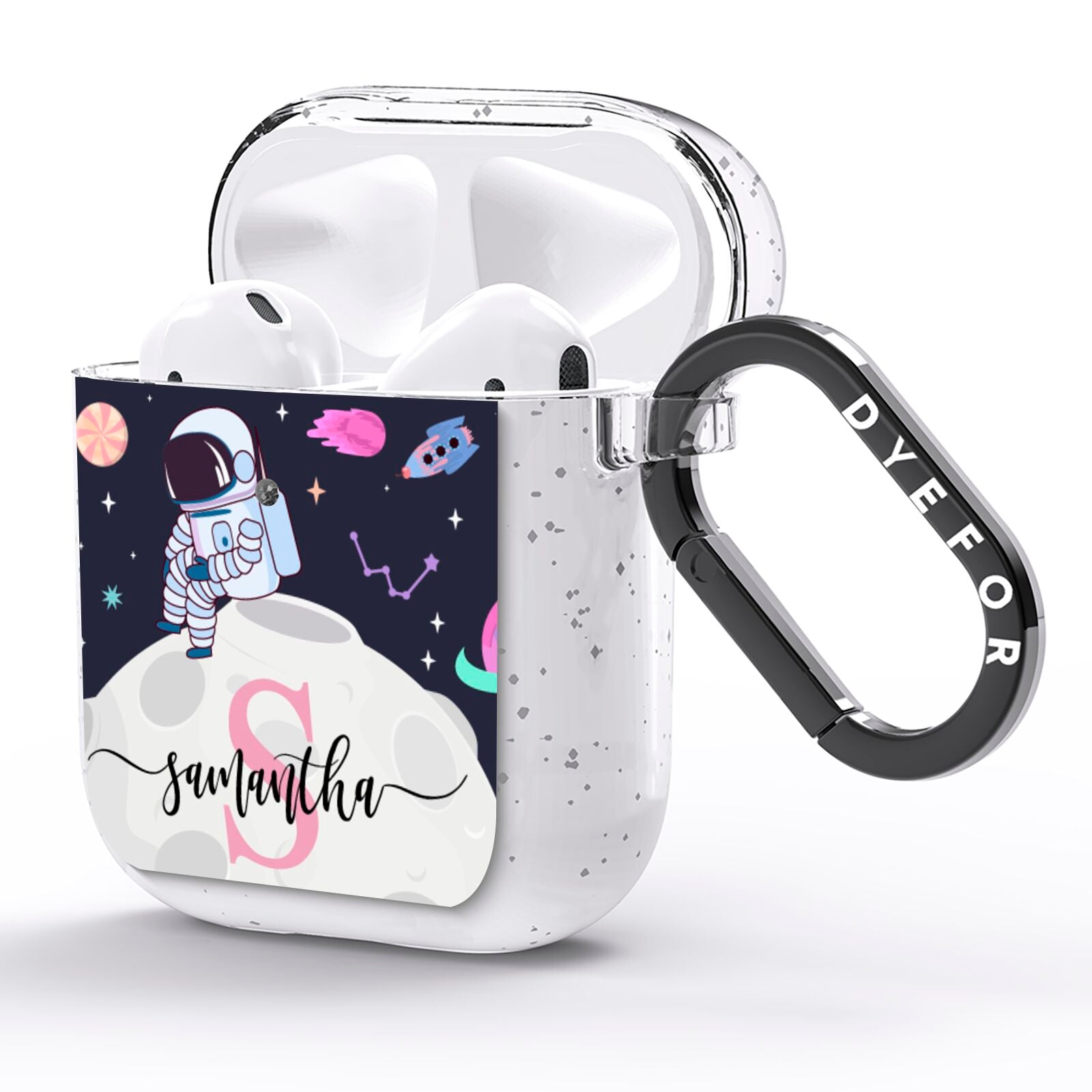 Astronaut in Candy Space with Name AirPods Glitter Case Side Image
