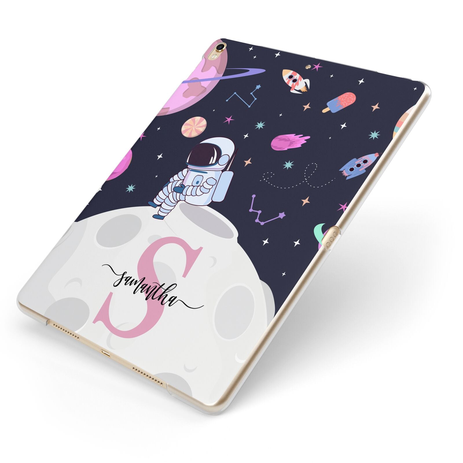 Astronaut in Candy Space with Name Apple iPad Case on Gold iPad Side View