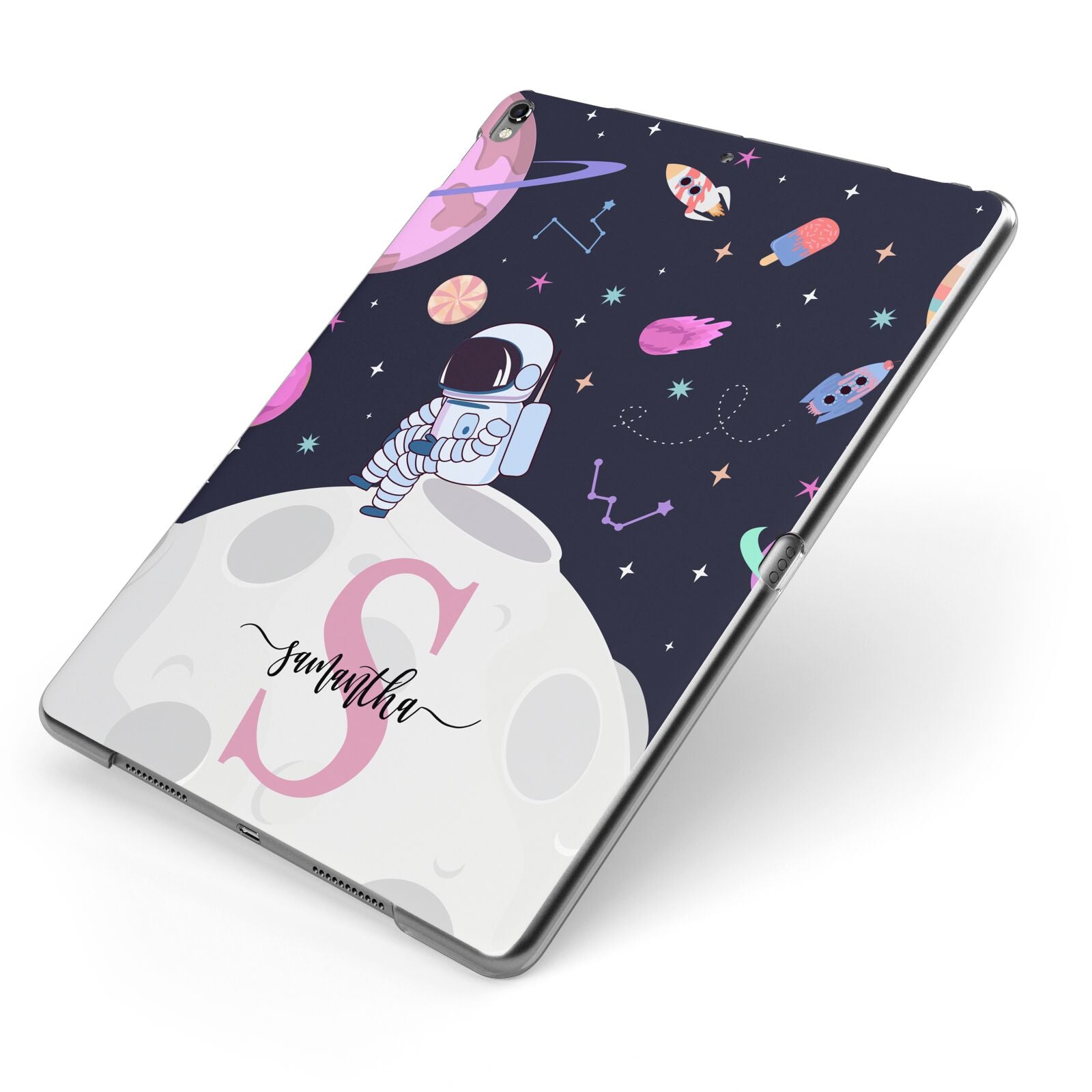 Astronaut in Candy Space with Name Apple iPad Case on Grey iPad Side View