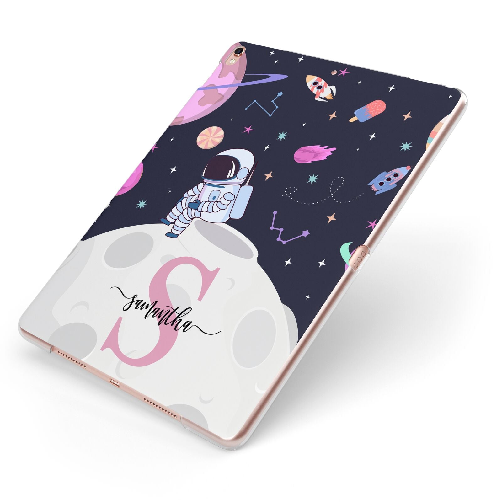 Astronaut in Candy Space with Name Apple iPad Case on Rose Gold iPad Side View