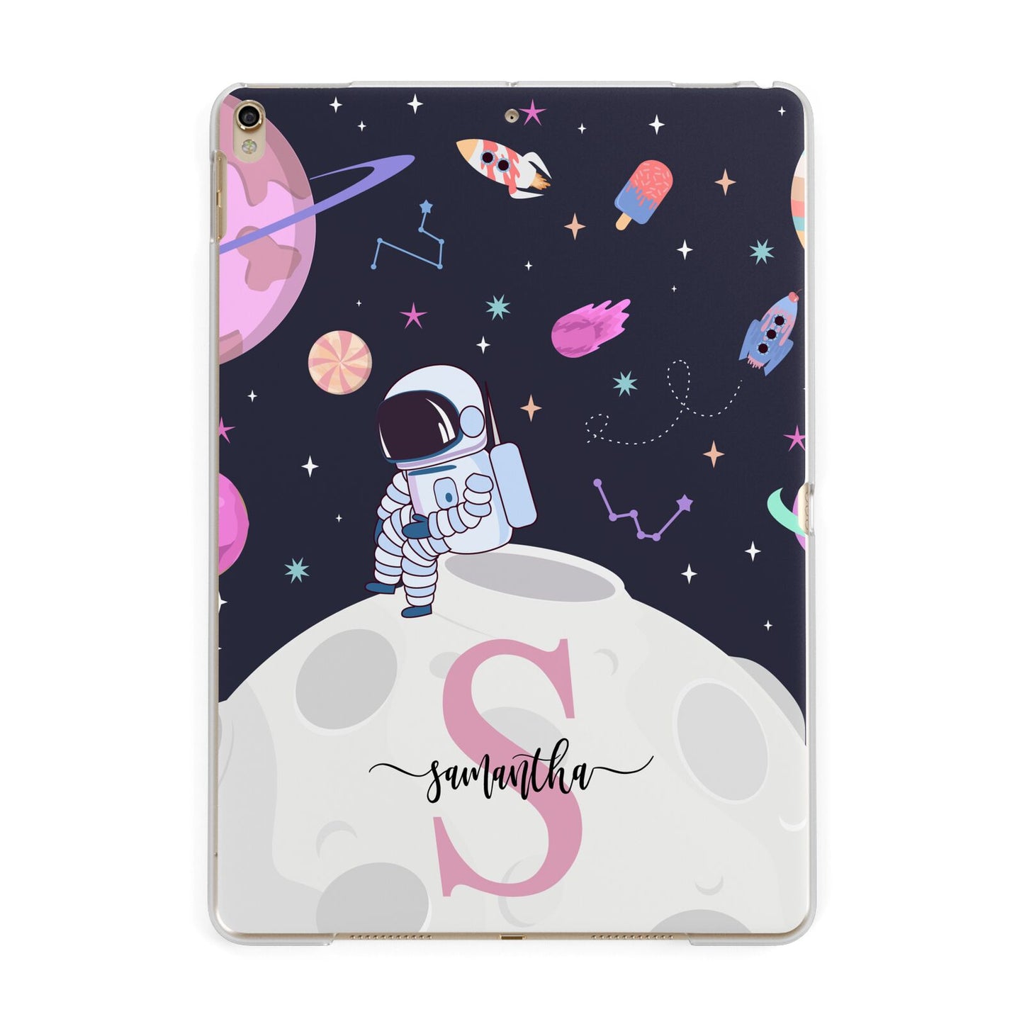Astronaut in Candy Space with Name Apple iPad Gold Case