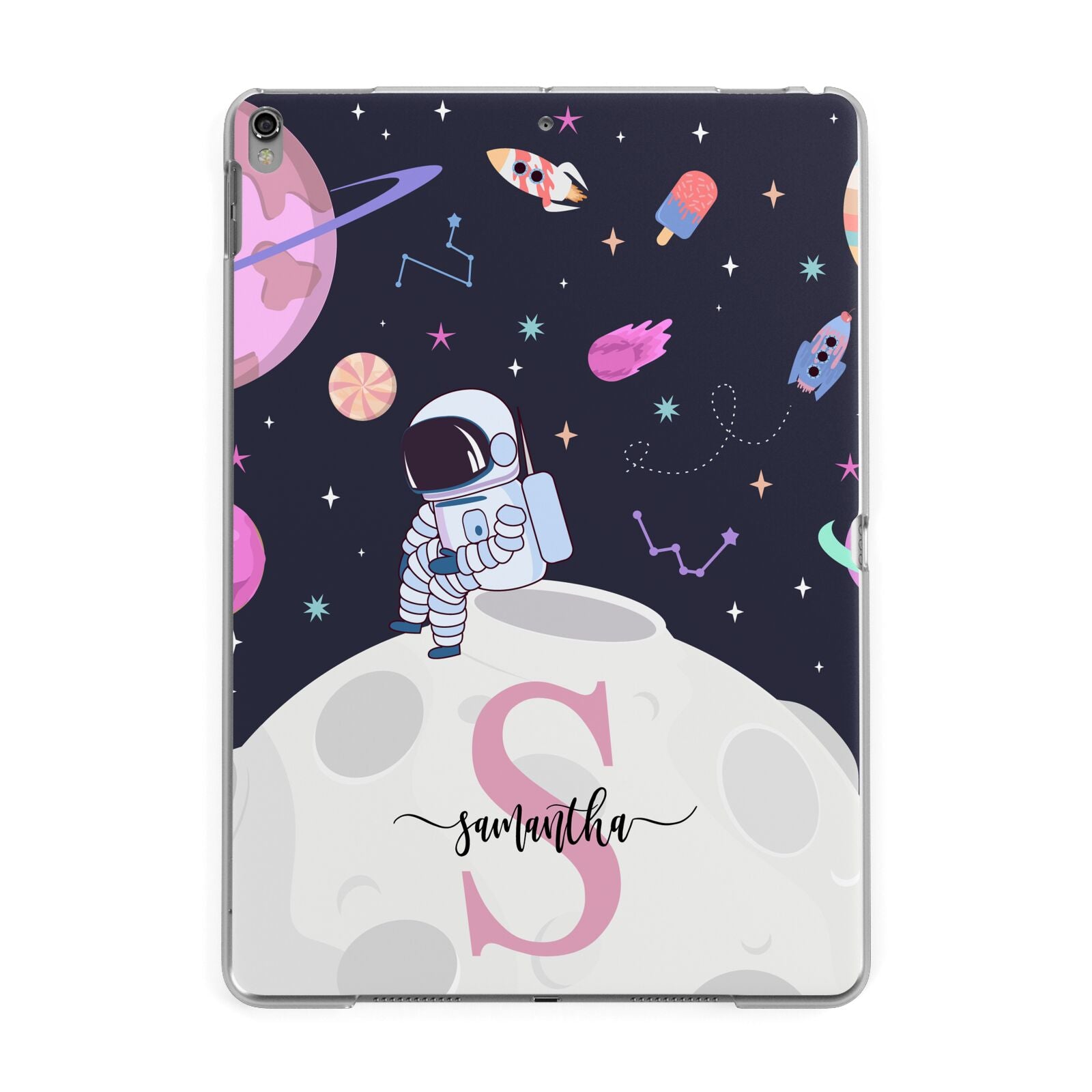 Astronaut in Candy Space with Name Apple iPad Grey Case