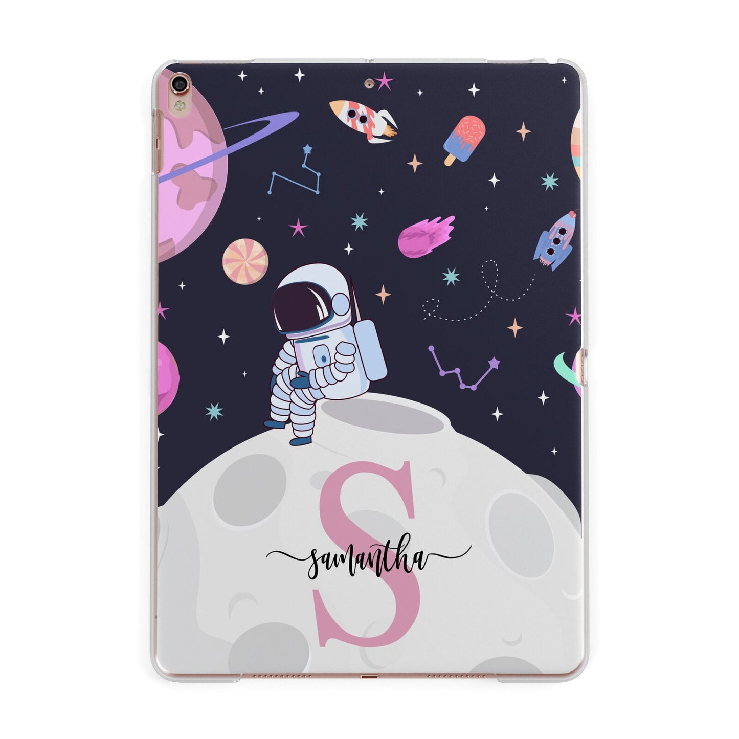 Astronaut in Candy Space with Name Apple iPad Rose Gold Case