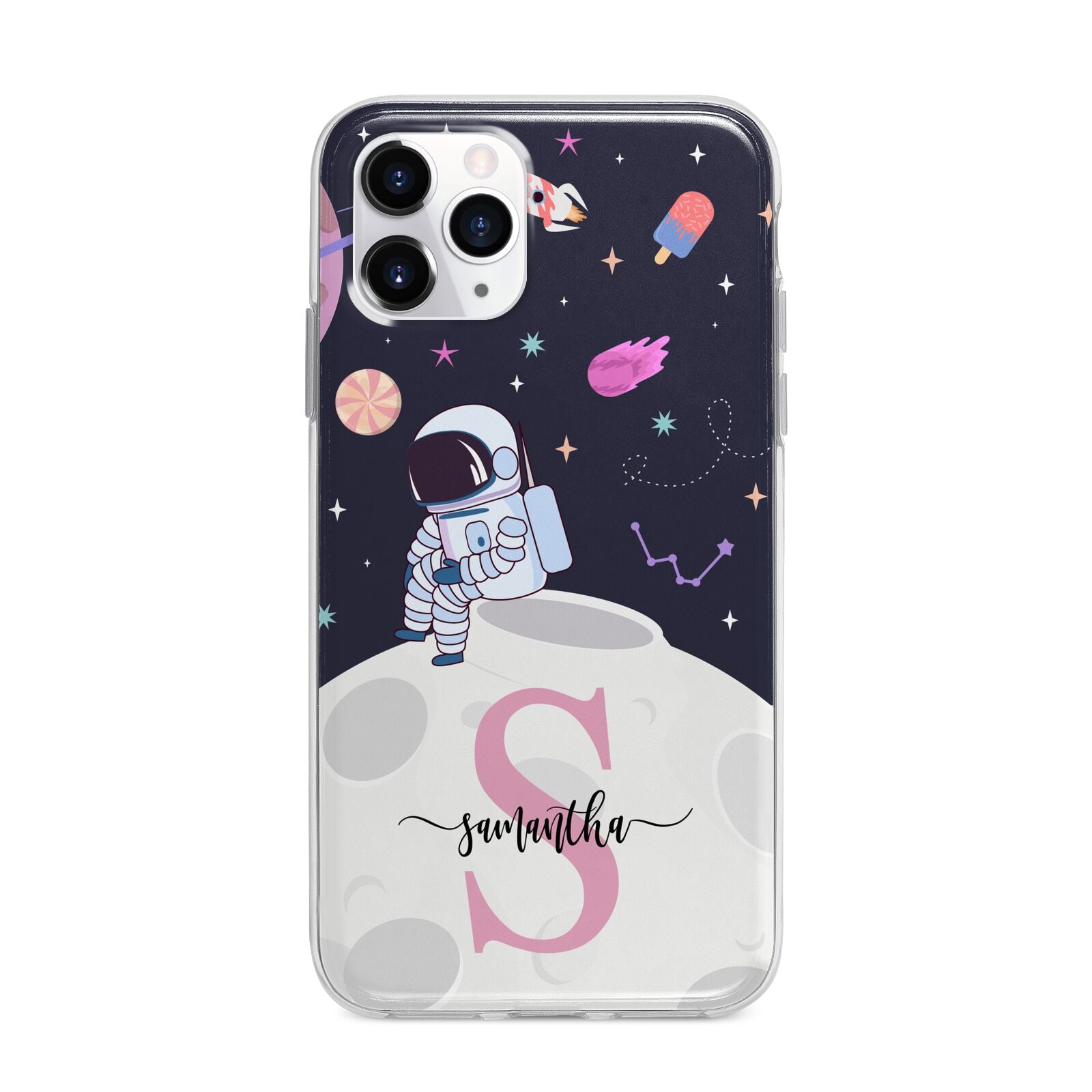 Astronaut in Candy Space with Name Apple iPhone 11 Pro Max in Silver with Bumper Case