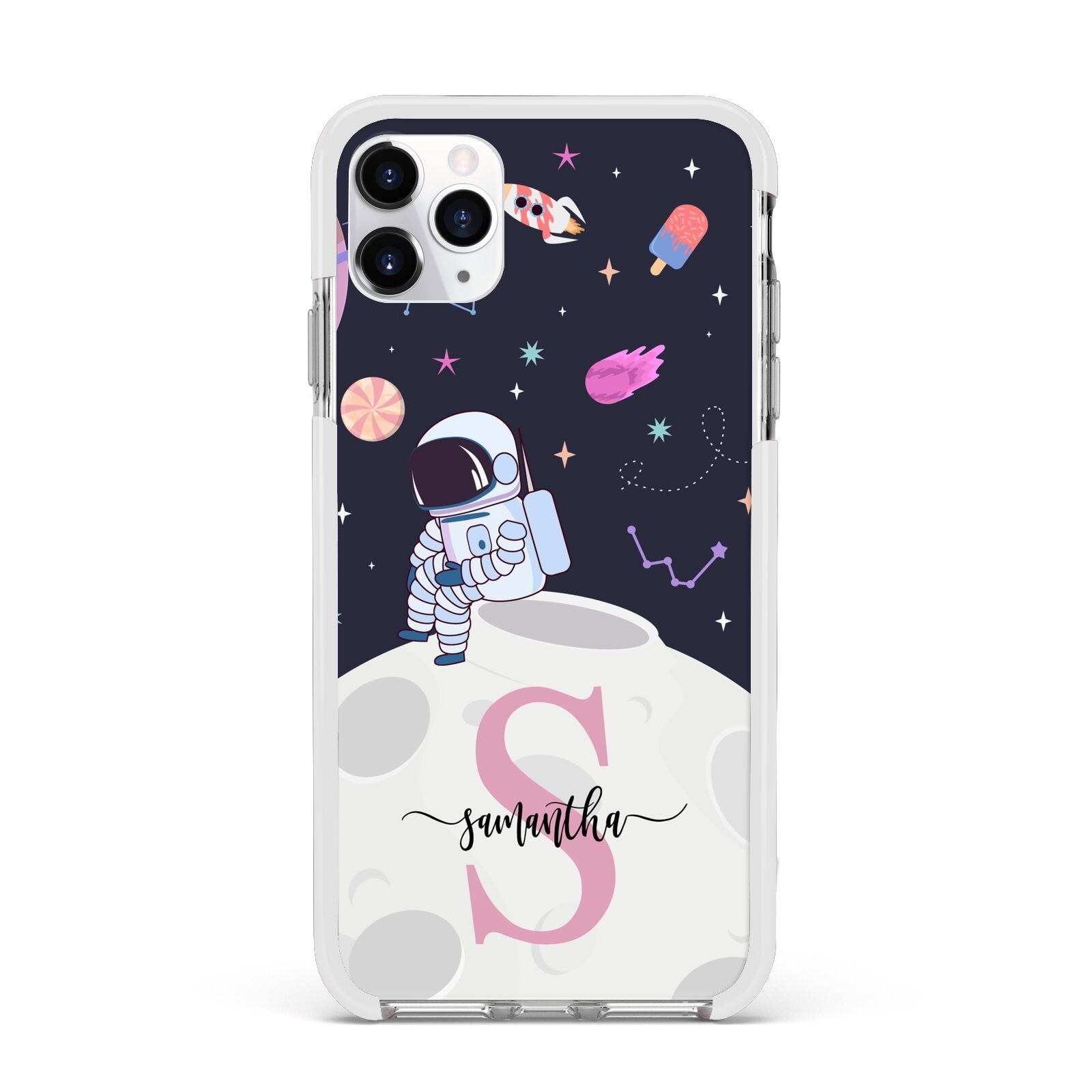 Astronaut in Candy Space with Name Apple iPhone 11 Pro Max in Silver with White Impact Case