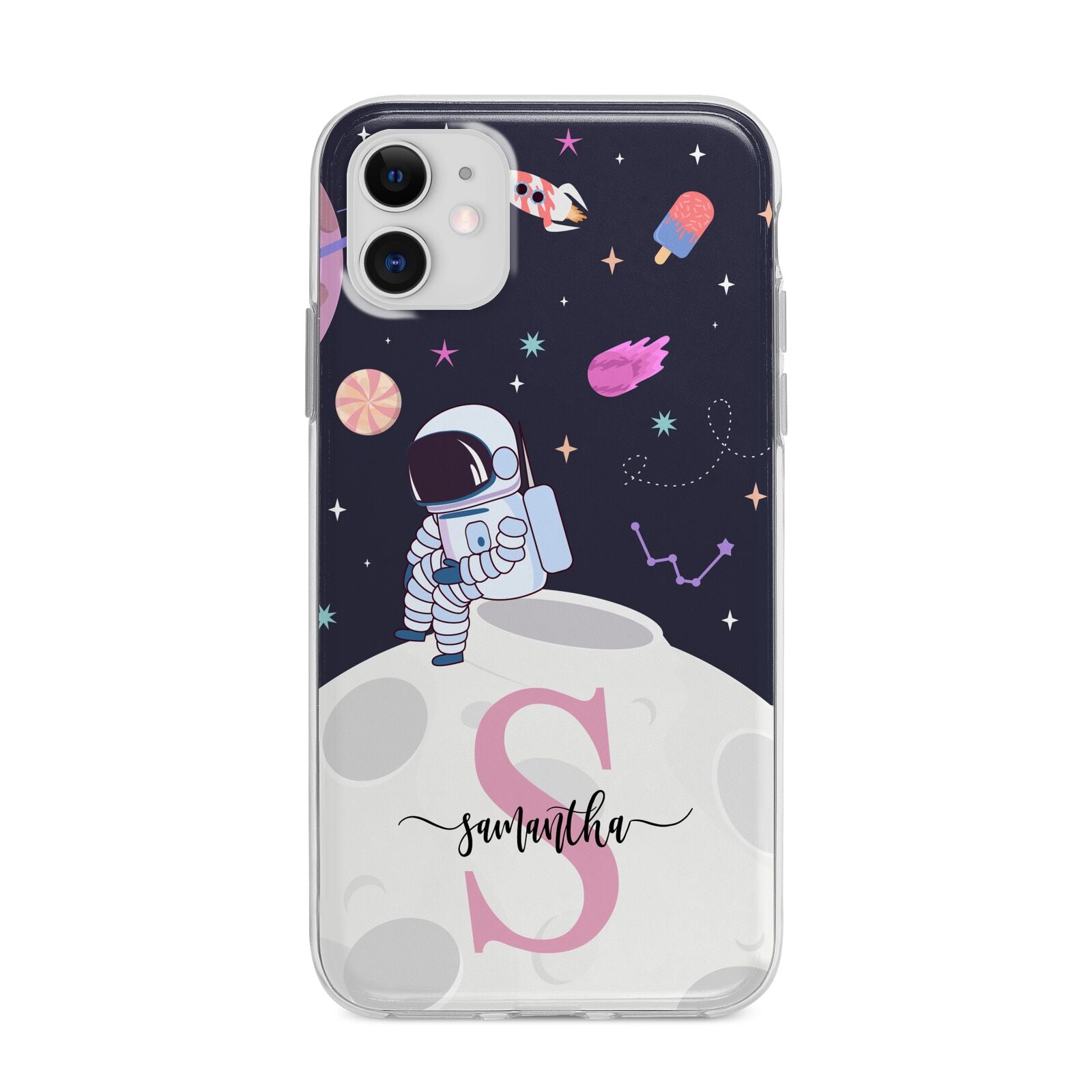 Astronaut in Candy Space with Name Apple iPhone 11 in White with Bumper Case
