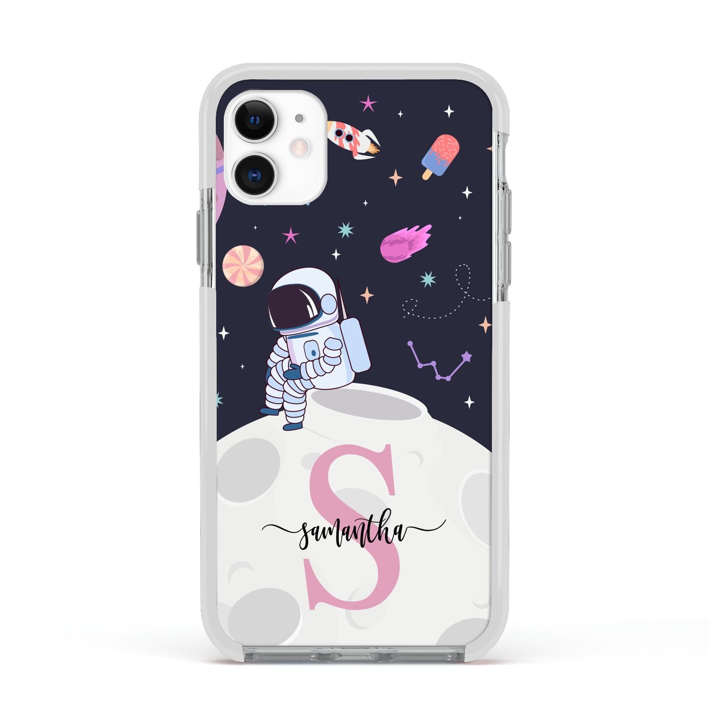 Astronaut in Candy Space with Name Apple iPhone 11 in White with White Impact Case