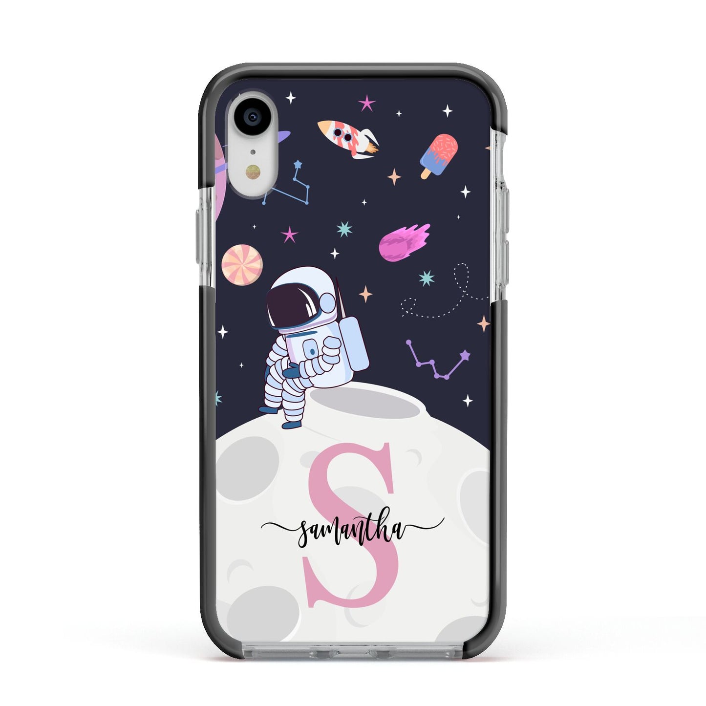 Astronaut in Candy Space with Name Apple iPhone XR Impact Case Black Edge on Silver Phone