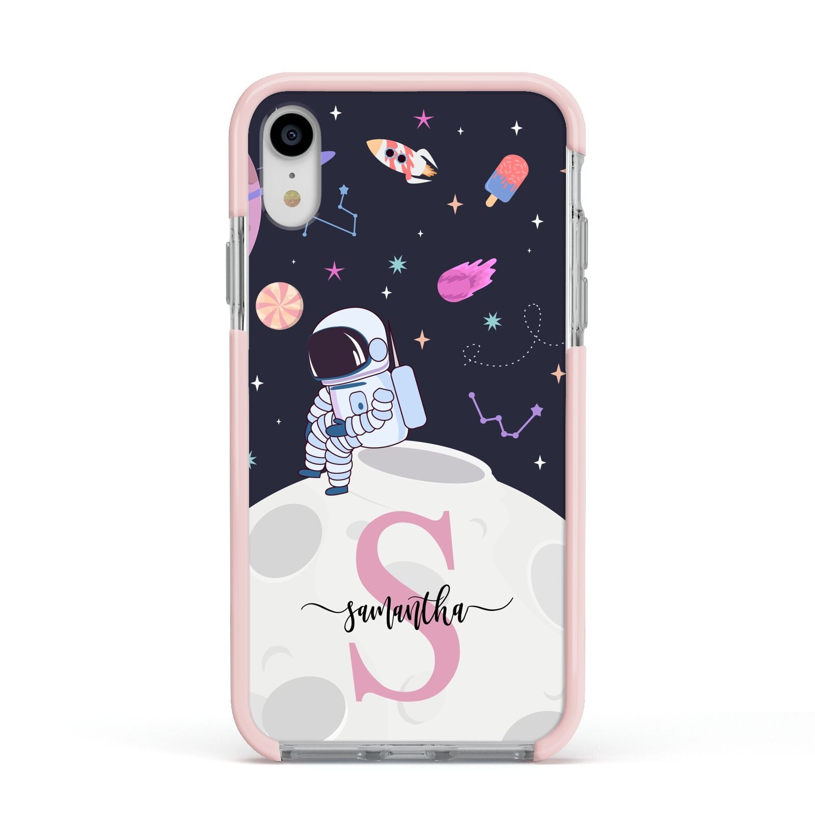 Astronaut in Candy Space with Name Apple iPhone XR Impact Case Pink Edge on Silver Phone