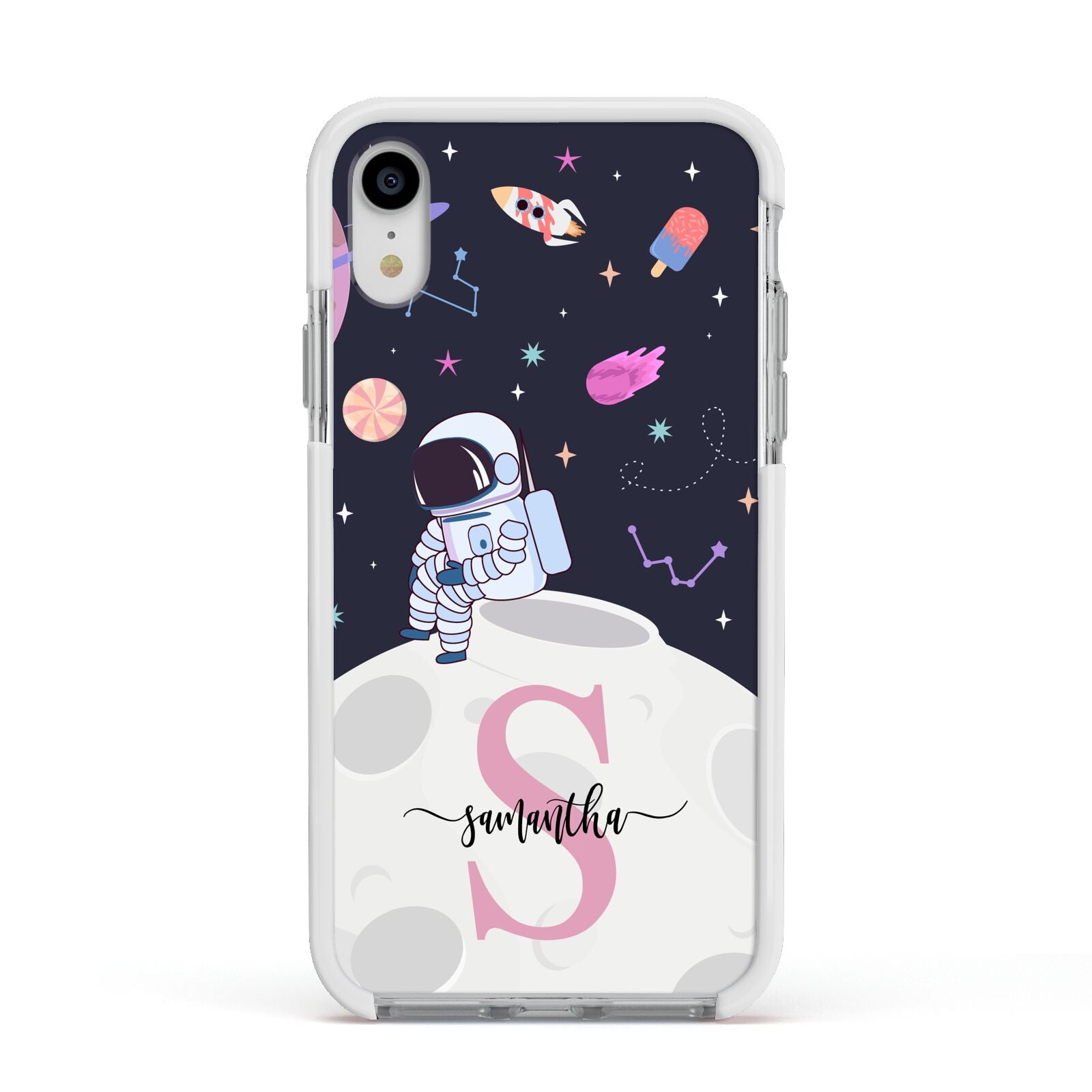 Astronaut in Candy Space with Name Apple iPhone XR Impact Case White Edge on Silver Phone