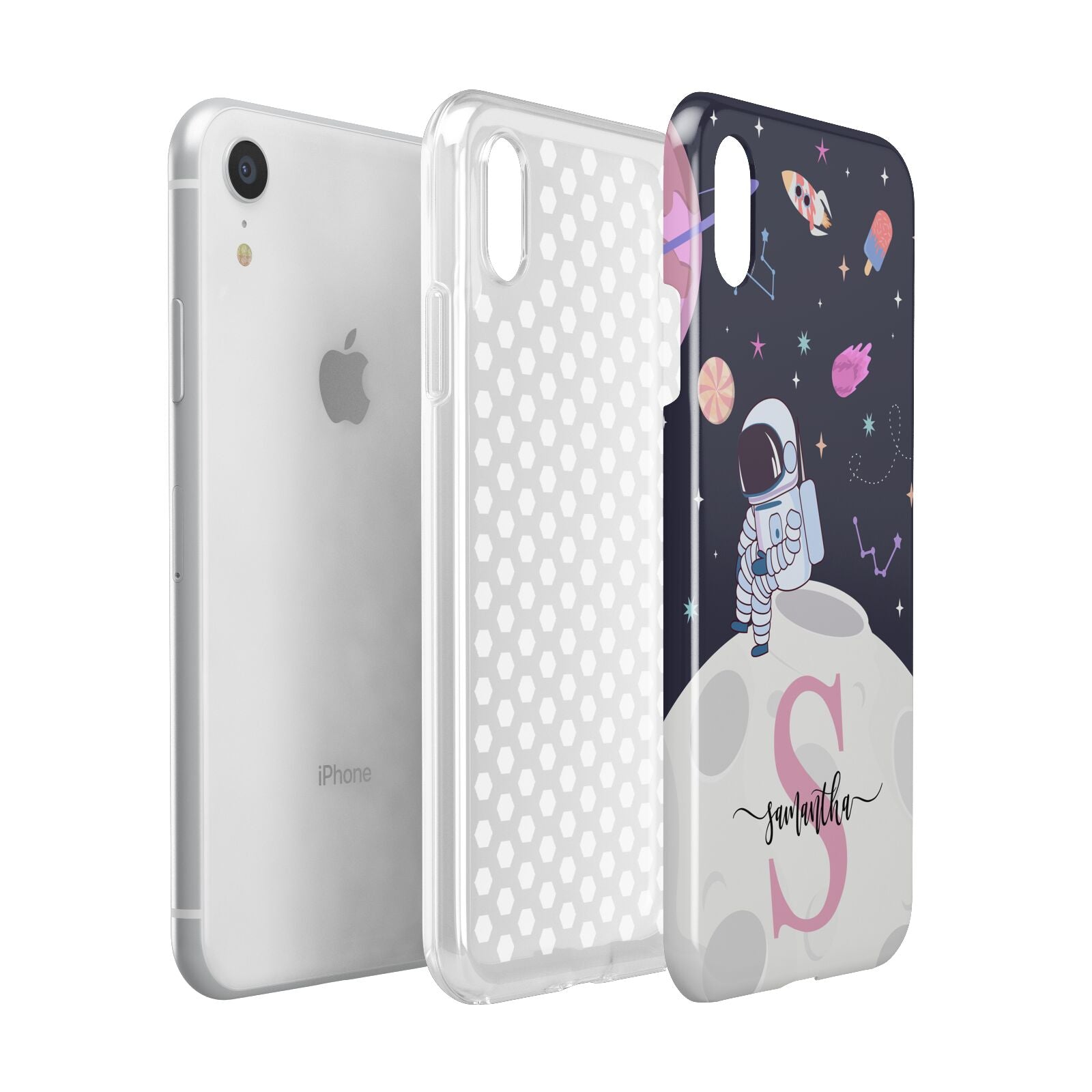 Astronaut in Candy Space with Name Apple iPhone XR White 3D Tough Case Expanded view