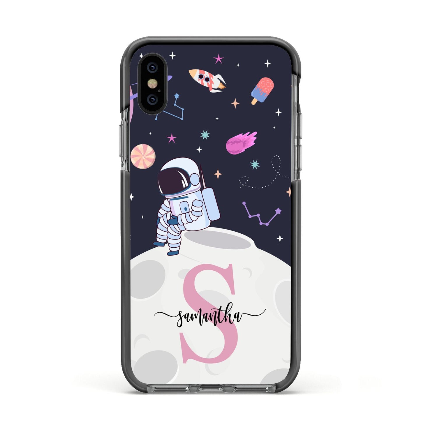 Astronaut in Candy Space with Name Apple iPhone Xs Impact Case Black Edge on Black Phone
