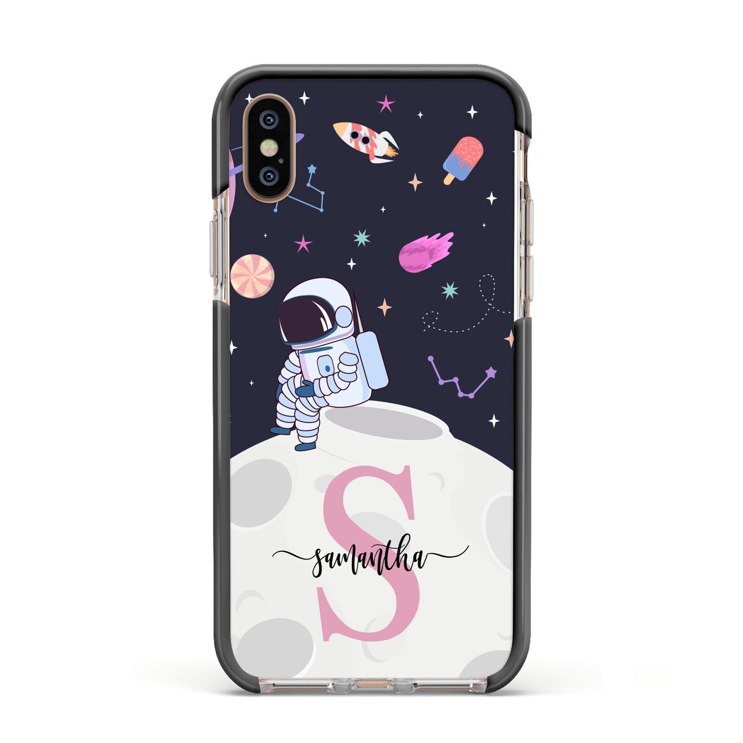 Astronaut in Candy Space with Name Apple iPhone Xs Impact Case Black Edge on Gold Phone