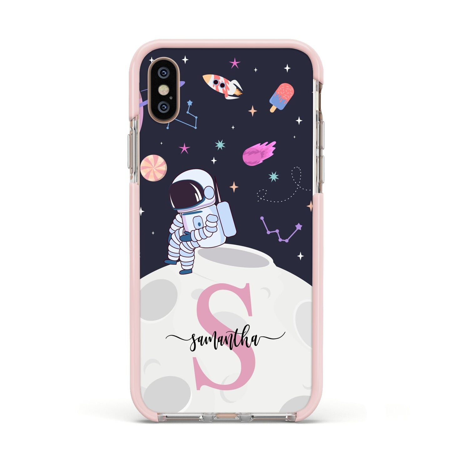 Astronaut in Candy Space with Name Apple iPhone Xs Impact Case Pink Edge on Gold Phone