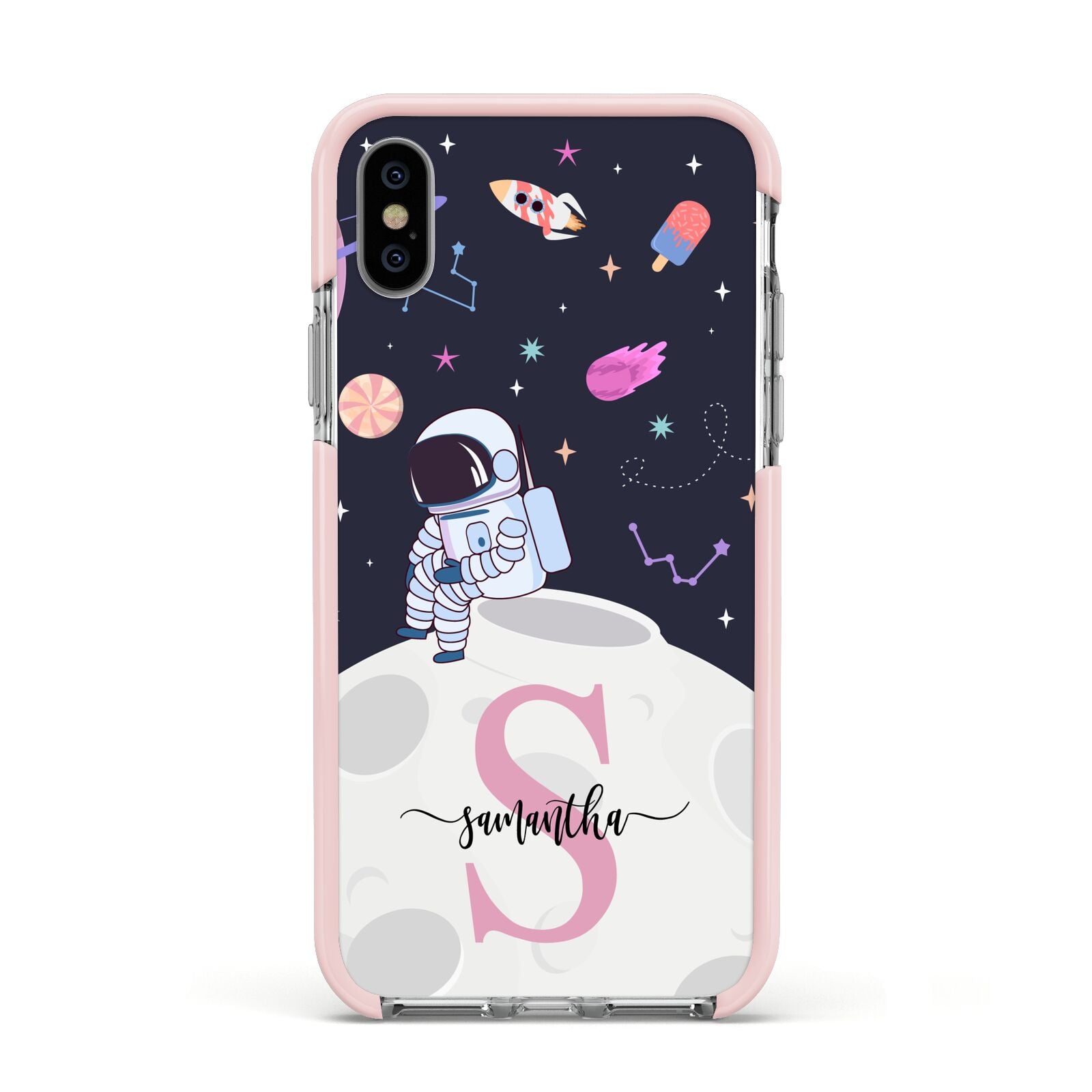 Astronaut in Candy Space with Name Apple iPhone Xs Impact Case Pink Edge on Silver Phone