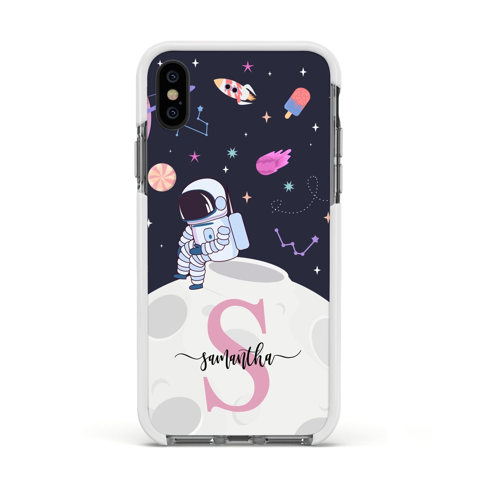 Astronaut in Candy Space with Name Apple iPhone Xs Impact Case White Edge on Black Phone