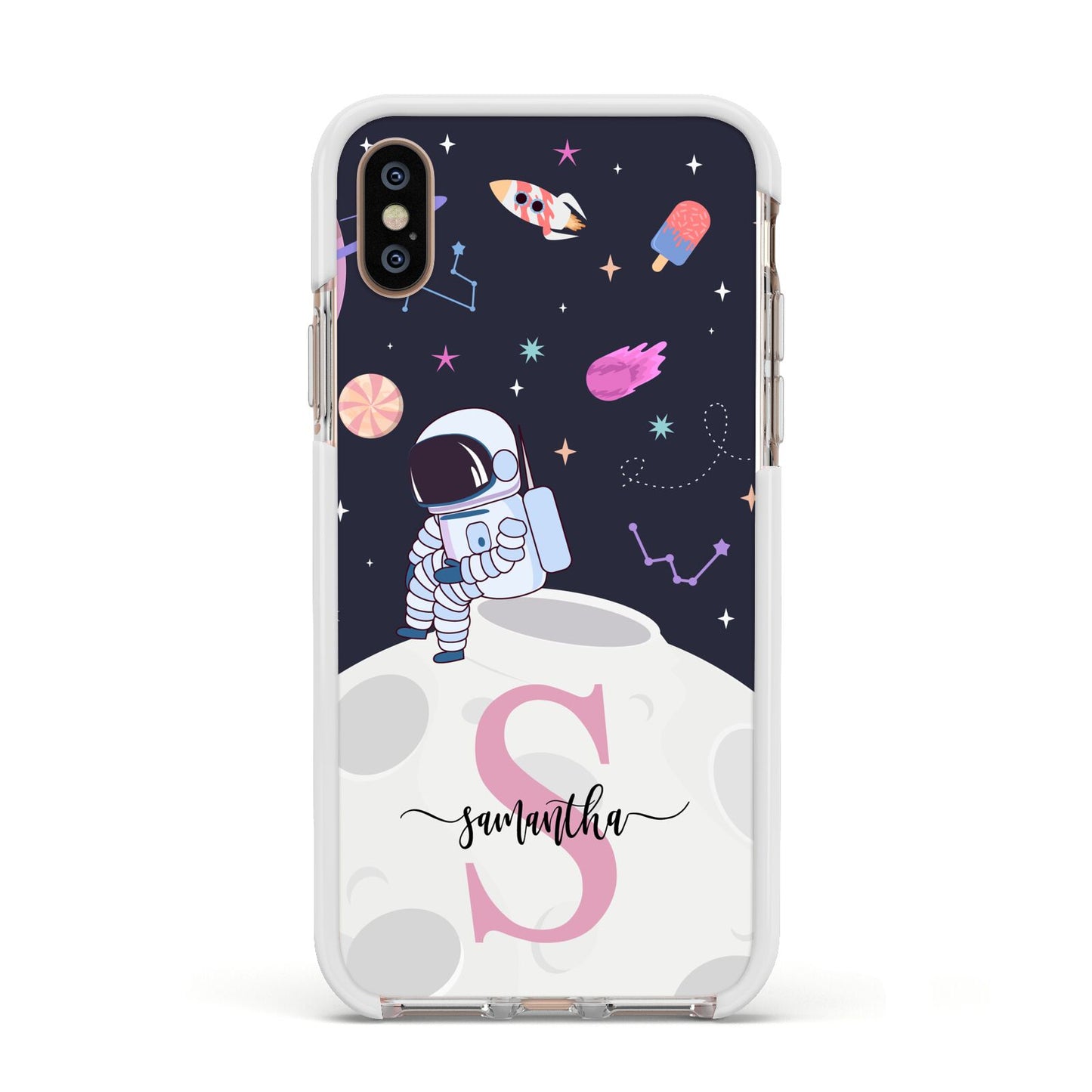 Astronaut in Candy Space with Name Apple iPhone Xs Impact Case White Edge on Gold Phone