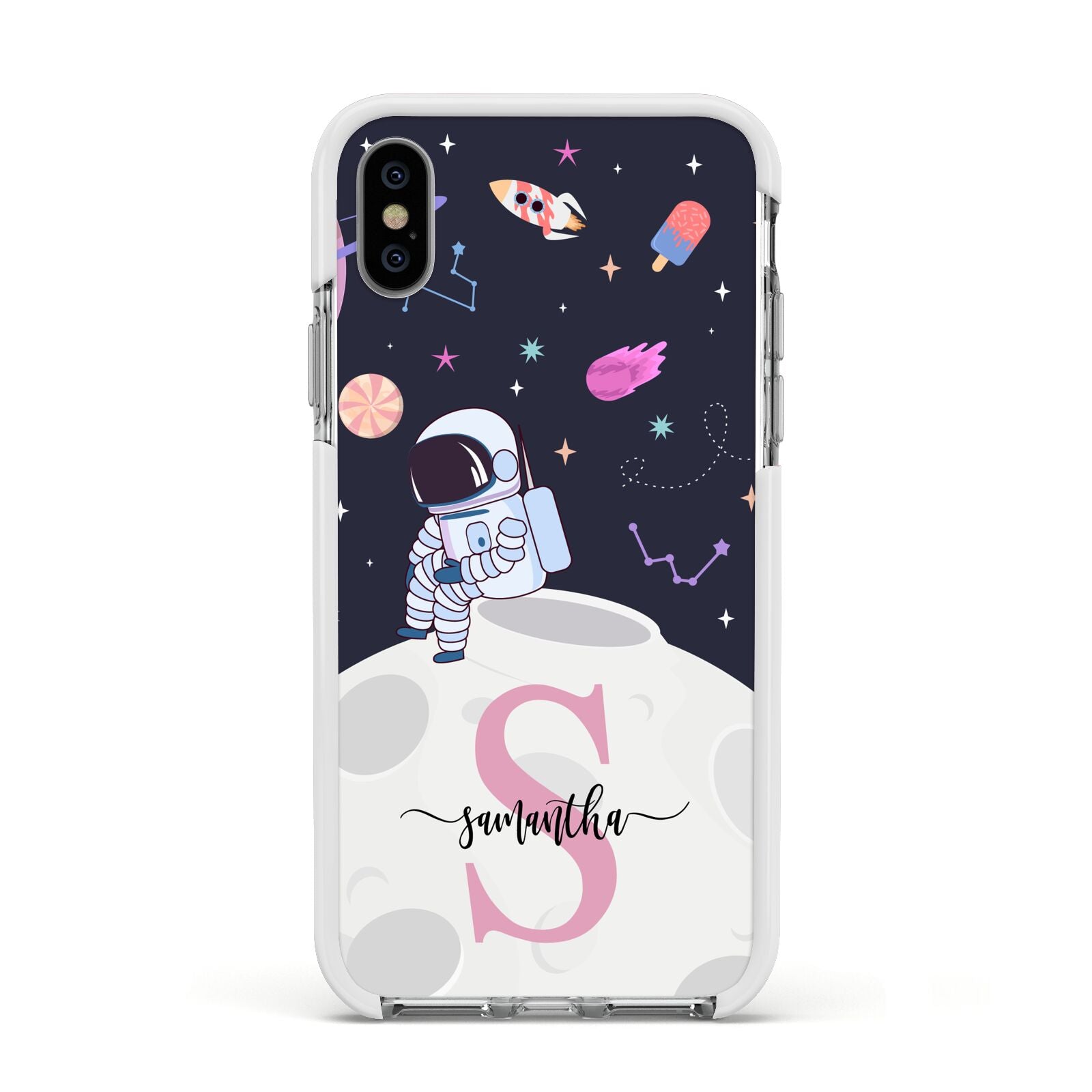Astronaut in Candy Space with Name Apple iPhone Xs Impact Case White Edge on Silver Phone