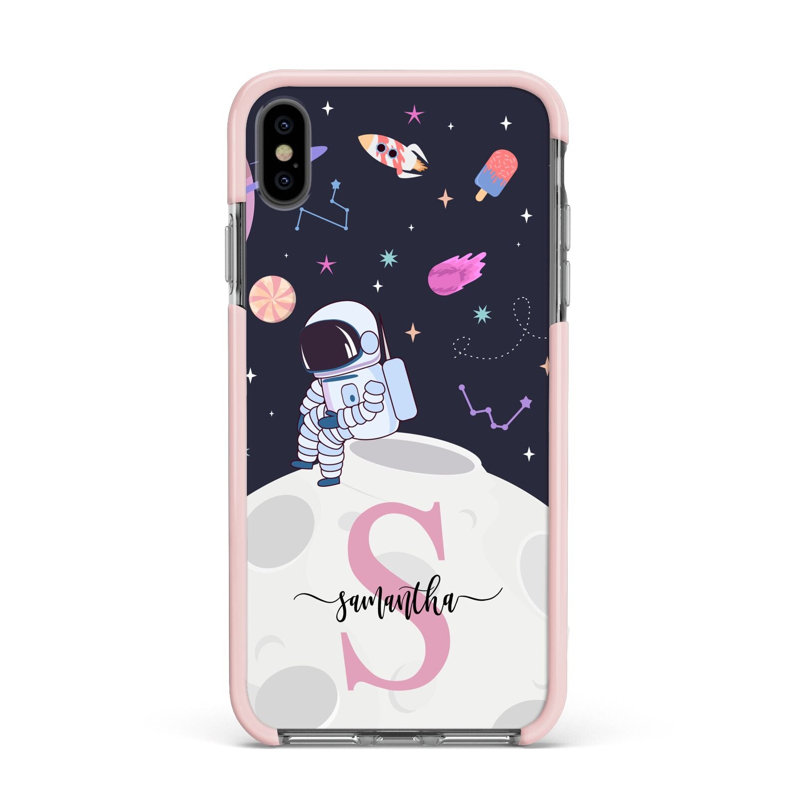 Astronaut in Candy Space with Name Apple iPhone Xs Max Impact Case Pink Edge on Black Phone