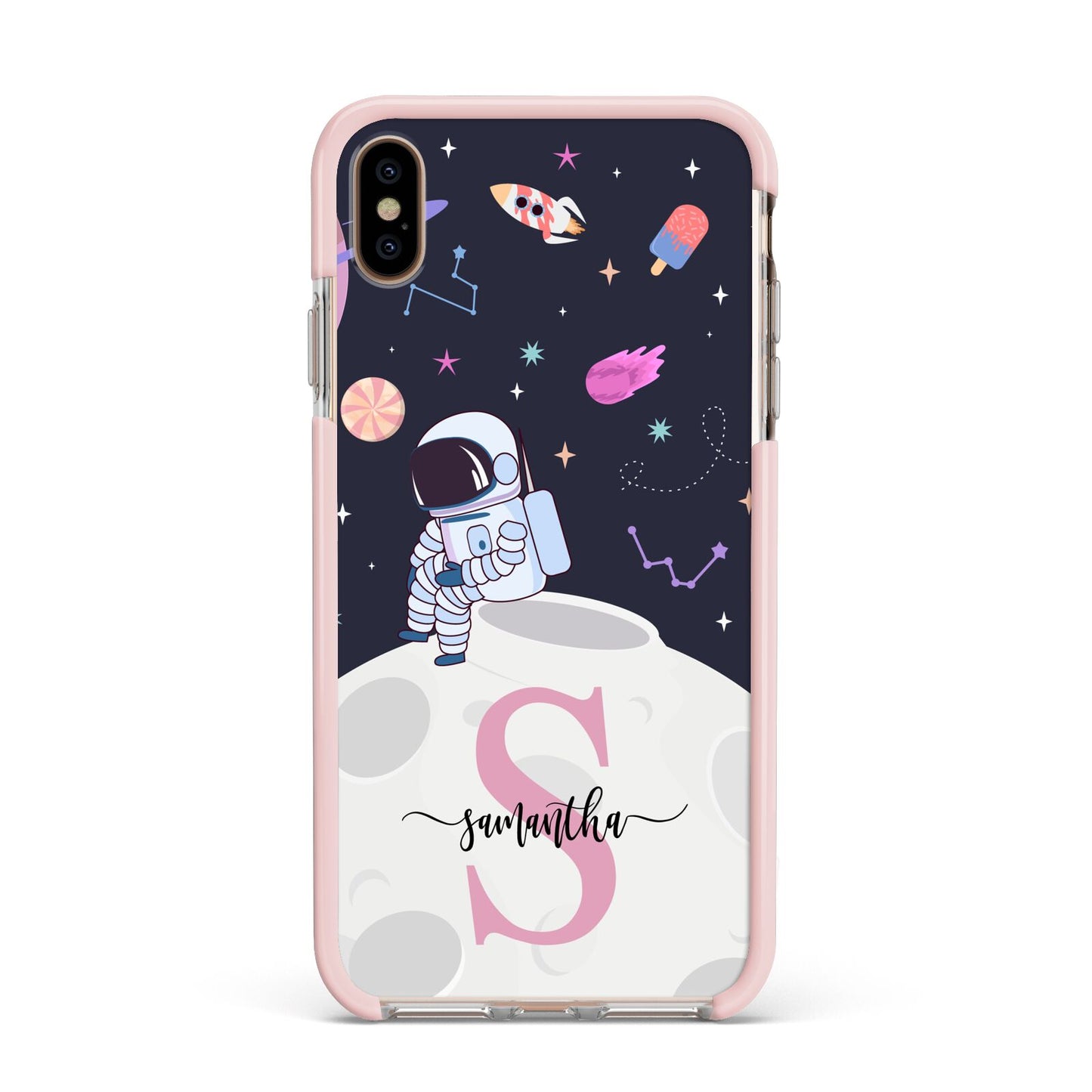 Astronaut in Candy Space with Name Apple iPhone Xs Max Impact Case Pink Edge on Gold Phone