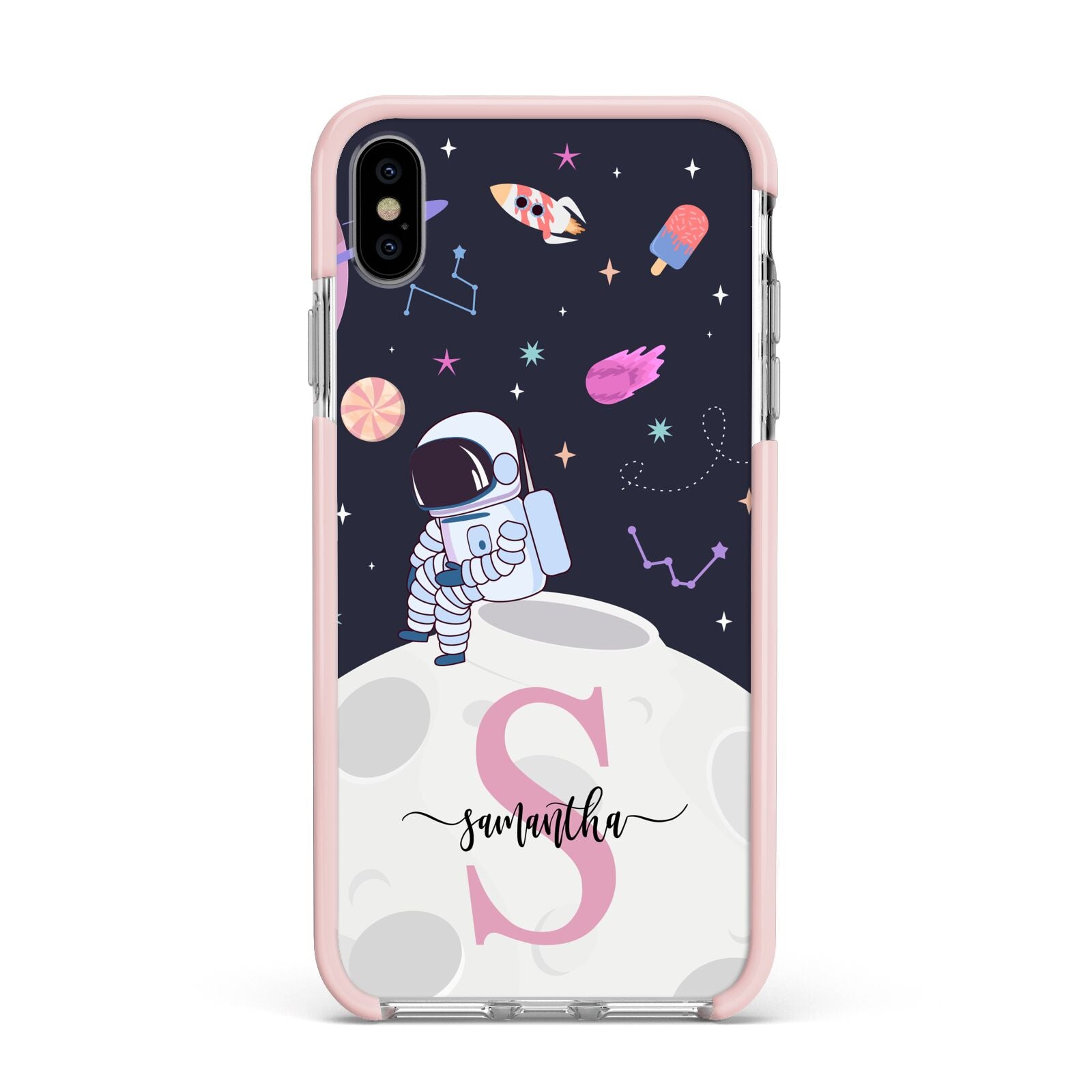Astronaut in Candy Space with Name Apple iPhone Xs Max Impact Case Pink Edge on Silver Phone