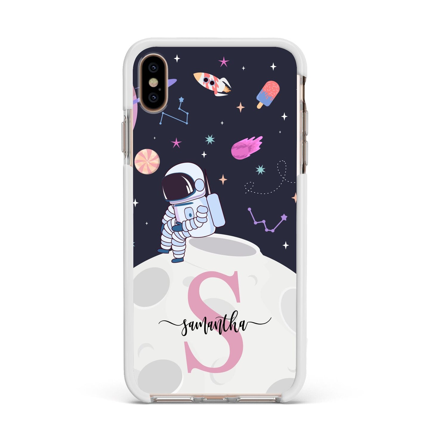 Astronaut in Candy Space with Name Apple iPhone Xs Max Impact Case White Edge on Gold Phone