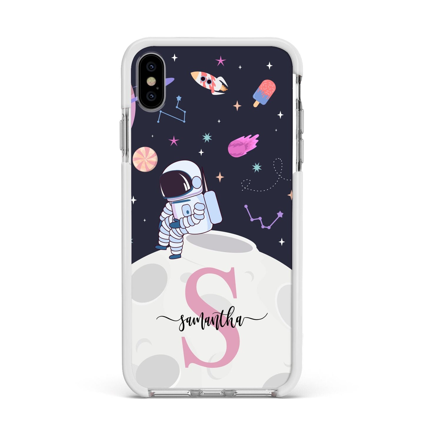 Astronaut in Candy Space with Name Apple iPhone Xs Max Impact Case White Edge on Silver Phone